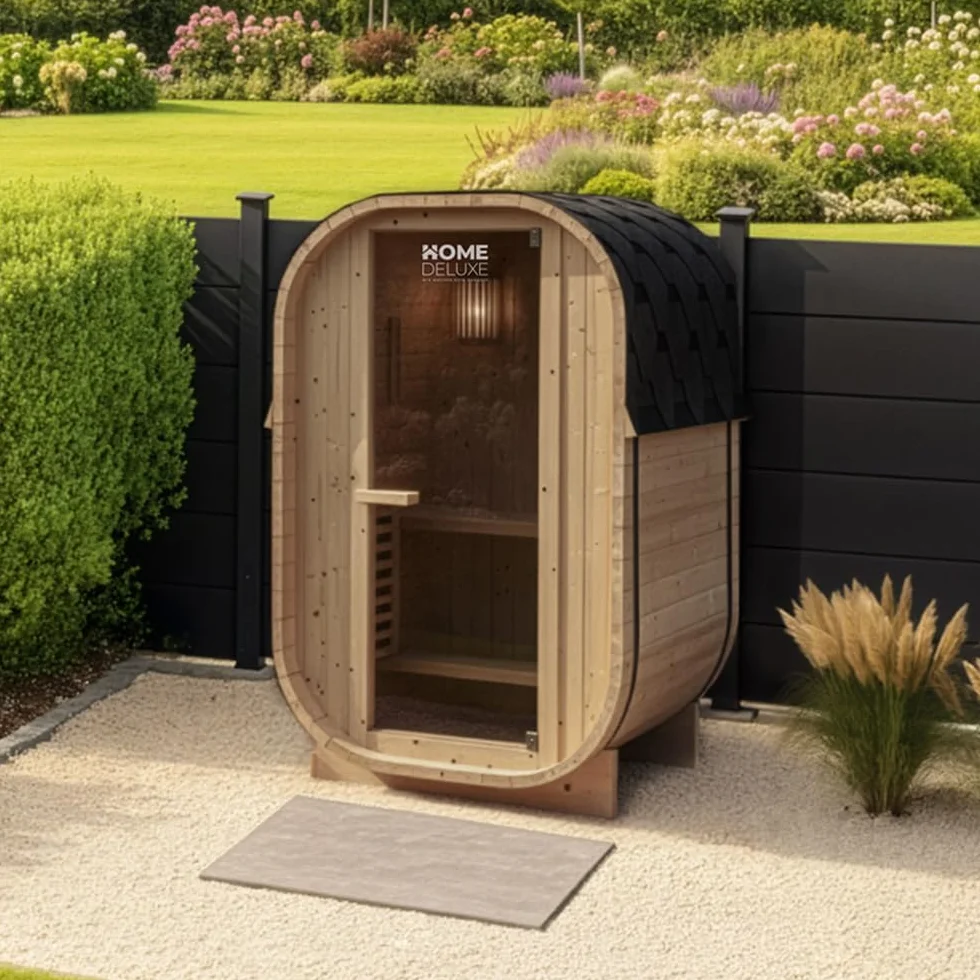 Home Deluxe Sauna de Exterior Cube S - Dimensiones: Aprox. 194 cm x 120 cm, Madera: Madera de Abeto - Incl. Calefactor de Sauna y Accesorios de Sauna I Sauna de jardín, Sauna de Exterior, Barril de