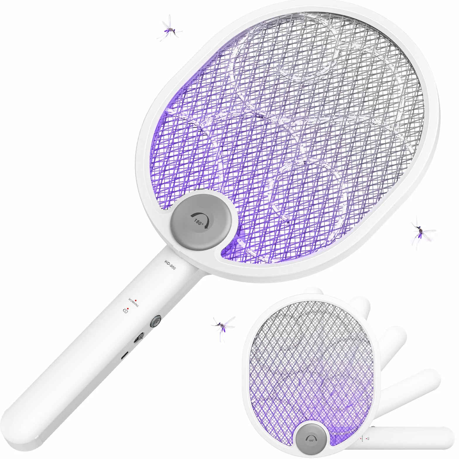 Raqueta Mosquitos Eléctrico Plegable 4000V 1800mAh USB 3 en 1 Recargable Mosquito Killer Trampa Portátil 3 Capas Malla Seguridad Base Soporte Pared