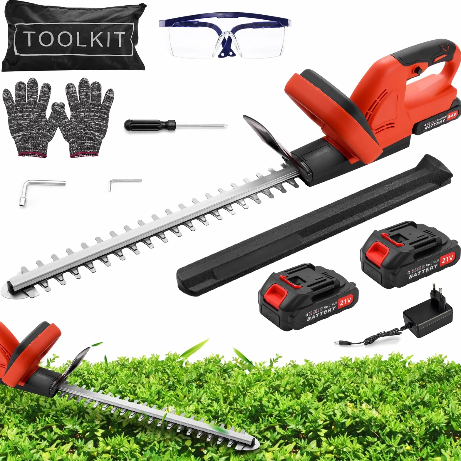 21V Cortasetos Bateria con 2 x 3000mAh y Cargador, Cortasetos Electrico de 1500 RPM con una Longitud de Cuchilla de 51 cm para Cortar Setos, Arbustos y Plantas de Borde