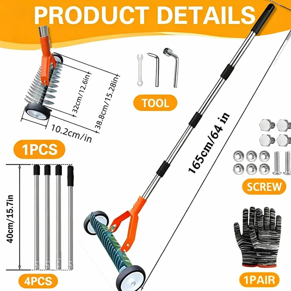 Escarificador Manual con Ruedas, Aireador de Césped con Mango de 165 cm, Rastrillo de Corte de Metal Ajustable