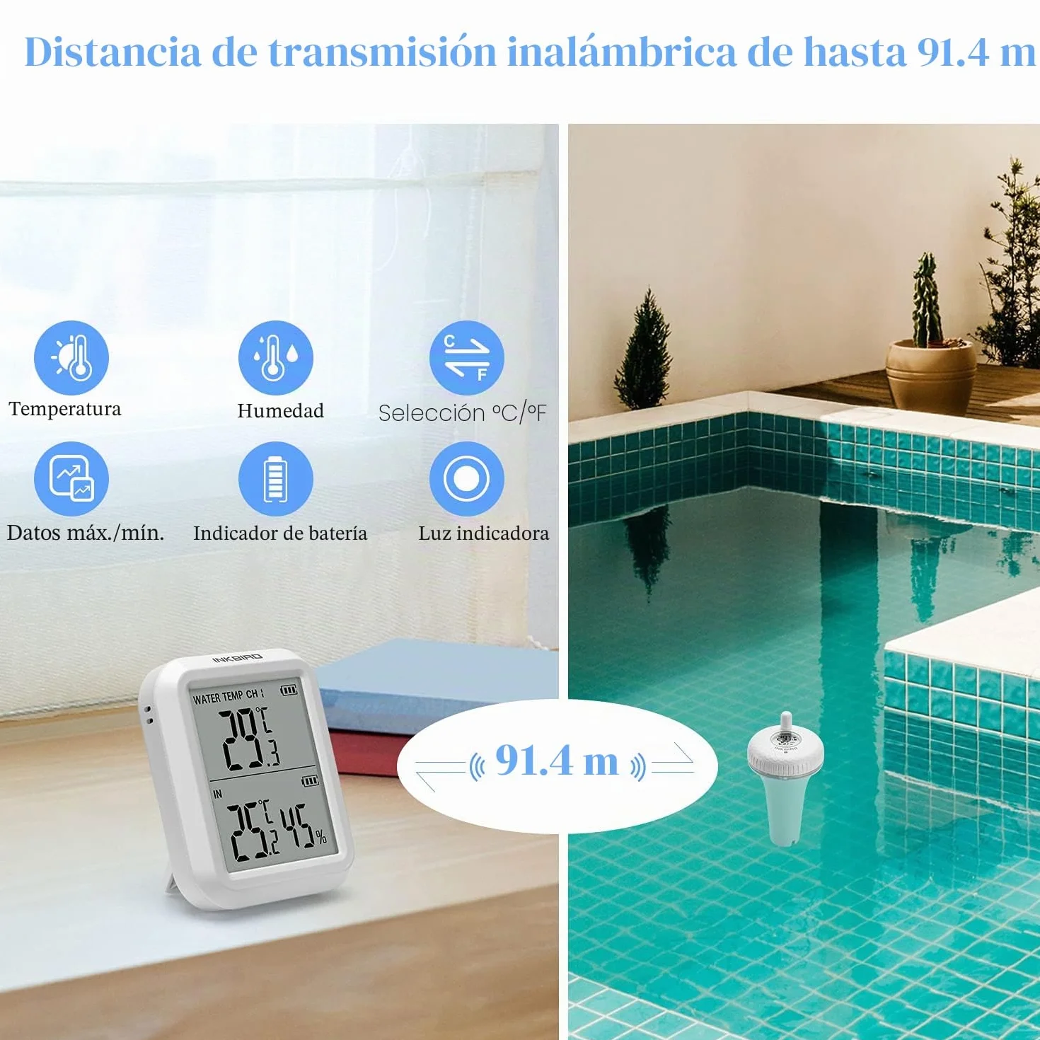Inkbird Termómetro Flotante para Piscinas con Transmisor Inalámbrico y Monitor de Temperatura Humedad