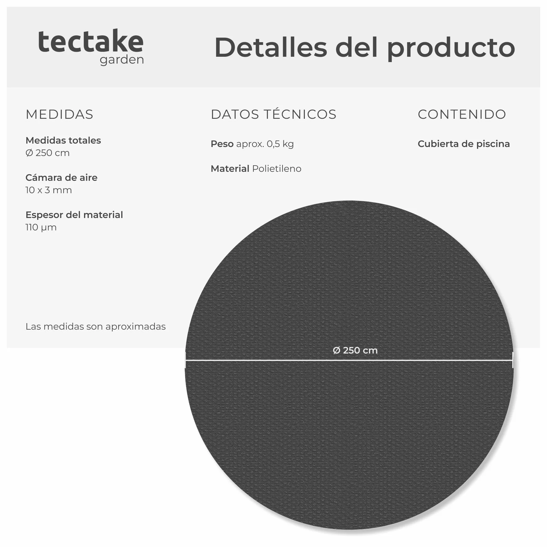 tectake® Manta Solar Piscina Redonda Flotante Recortable 110 µm 250 x 250 x 1 cm Negro