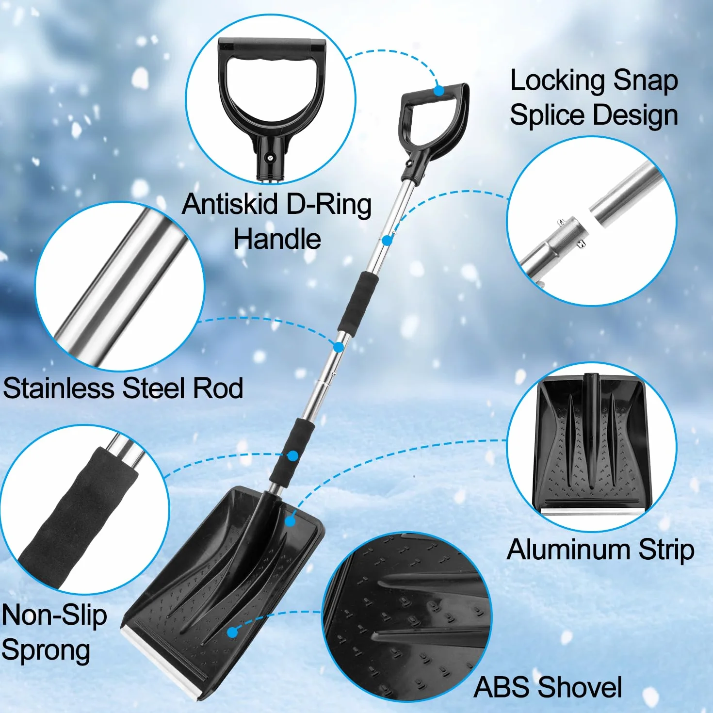 LESOLEIL 3 en 1 Pala de Nieve Plegable con Raspador de Hielo y Cepillo de Nieve, Mango de Acero Inoxidable, Negro