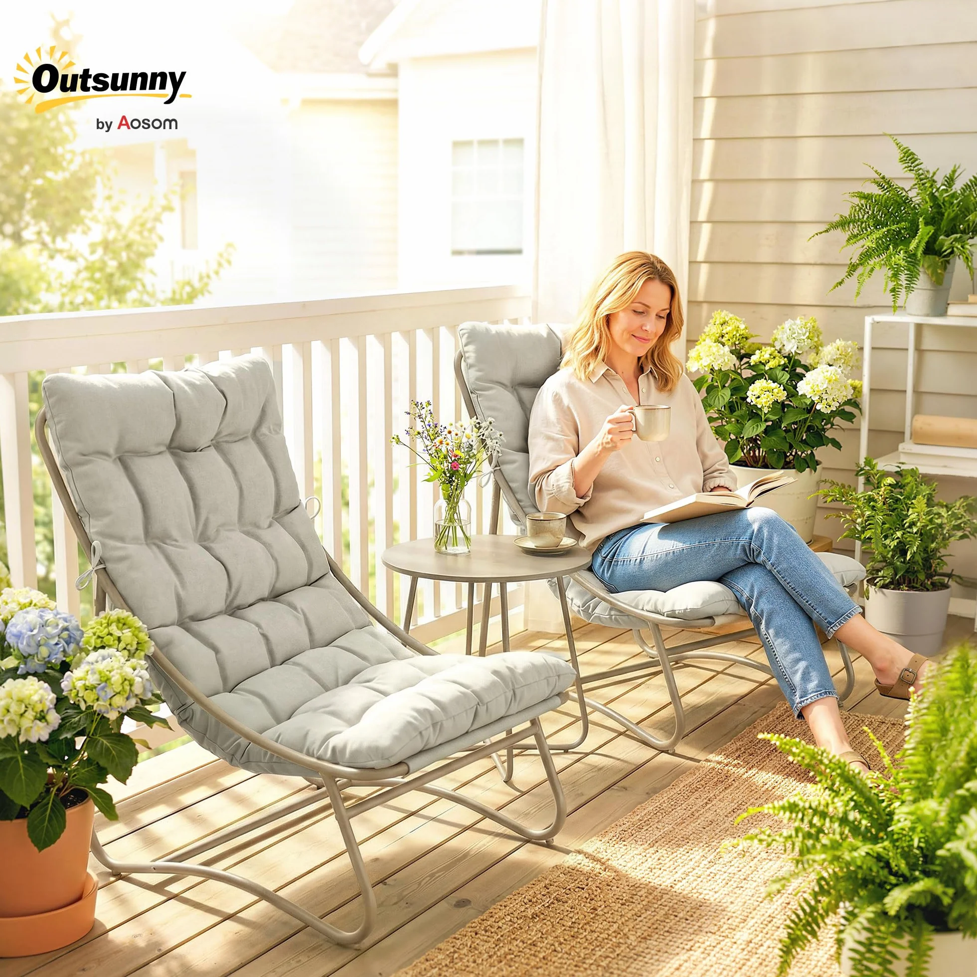 Outsunny Conjunto de Mesa y Sillas de Terraza Exterior 3 Piezas, Muebles de Jardín con Cojines, Gris Claro