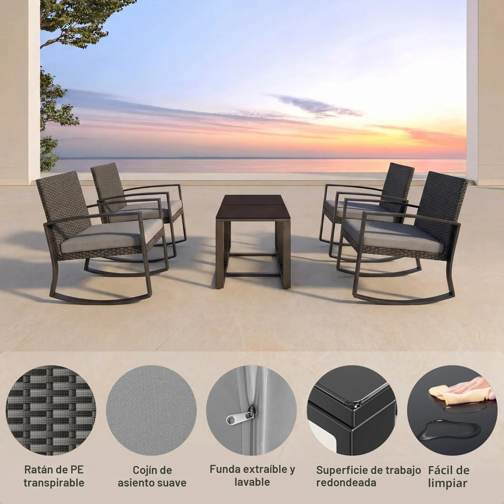 Bealife Conjunto Muebles de Jardín 3 Piezas, 2 Sillas Mecedoras de Ratán Sintético con Cojines y 1 Mesa Auxiliar, Juego de Balcón, Terraza y Patio, Exterior Resistente a la Intemperie (Gris)