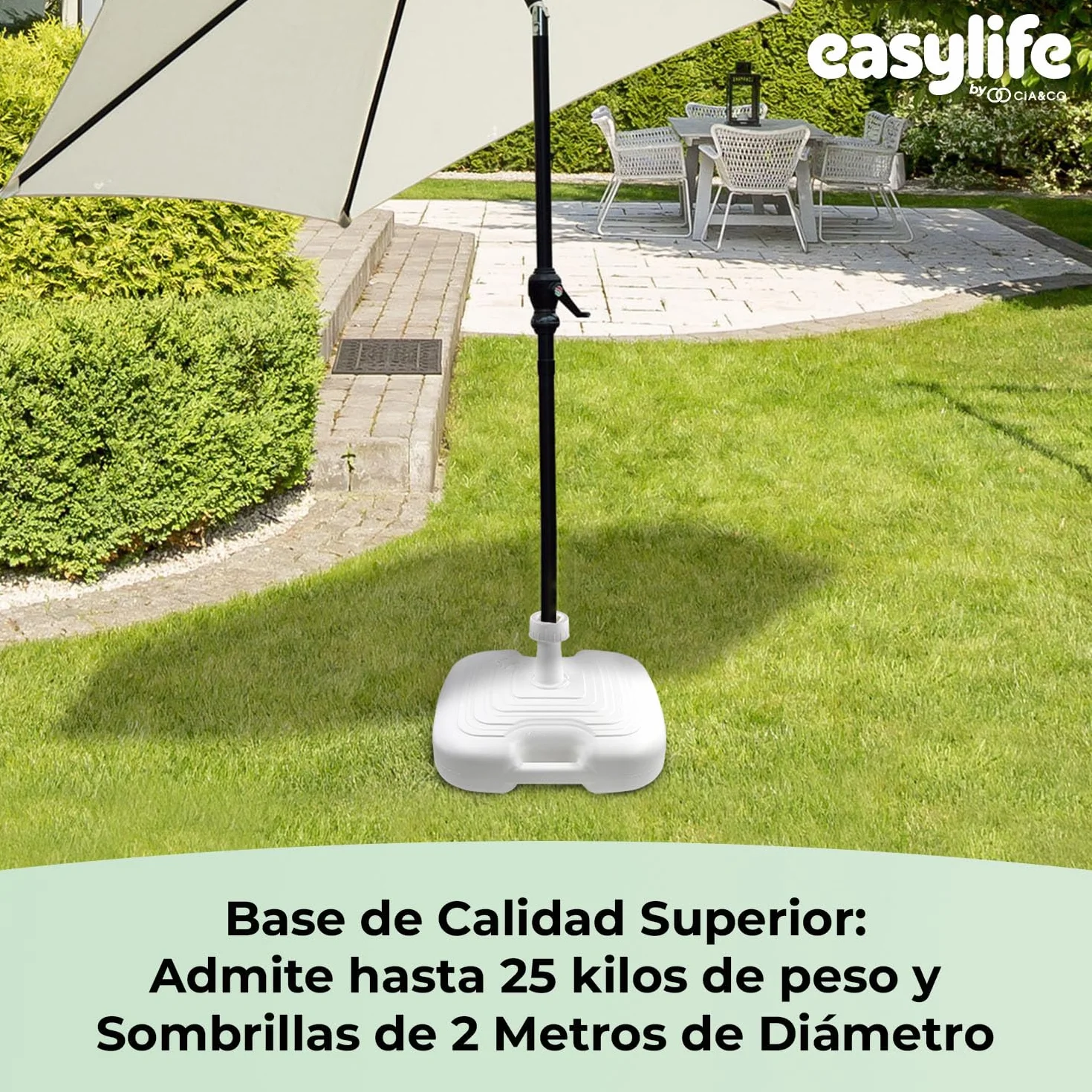 Base de Sombrilla XXL 45x45x14 cm Rellenable 25 kg Rosca Universal Ajustable 18-38 mm Uso Exterior