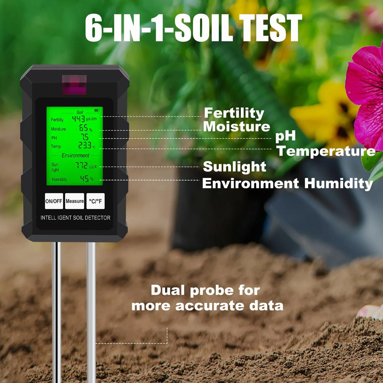 LWMTT Medidor de pH de Suelo 6 en 1, Pantalla LCD, Humedad, Temperatura, Luz Solar para Jardín