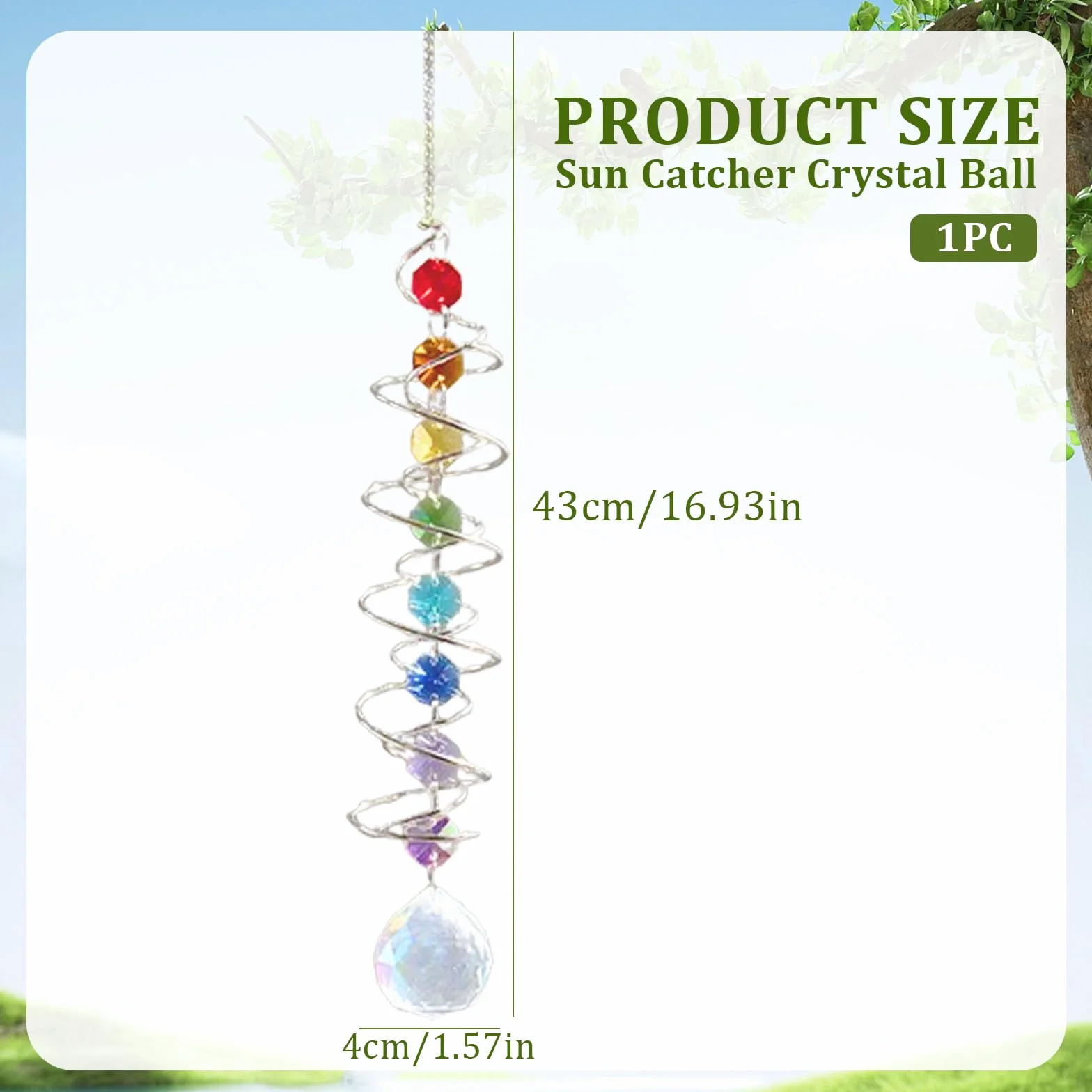 Atrapasol de Cristal 45 cm con Espiral Doble, Colgante Multicolor Carillón de Viento