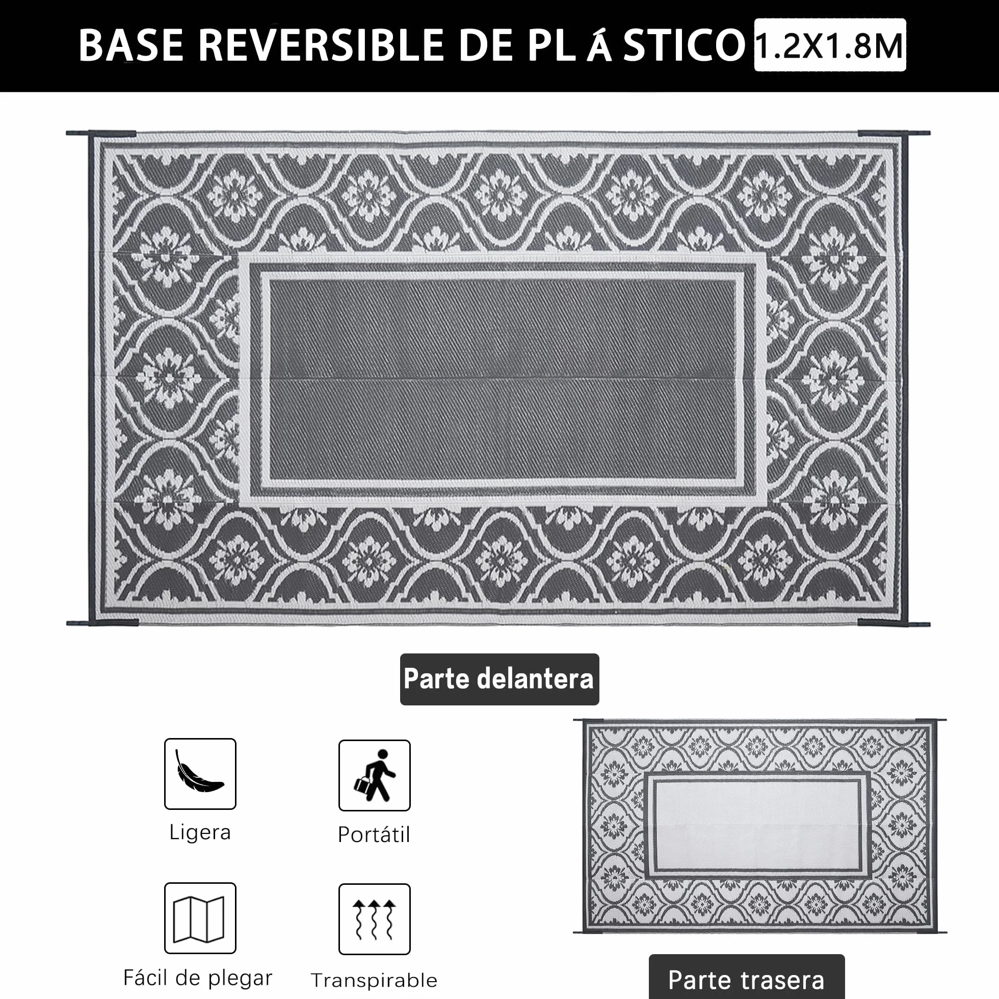 Alfombra para exteriores PureCozy 120x180 cm resistente UV reversible gris