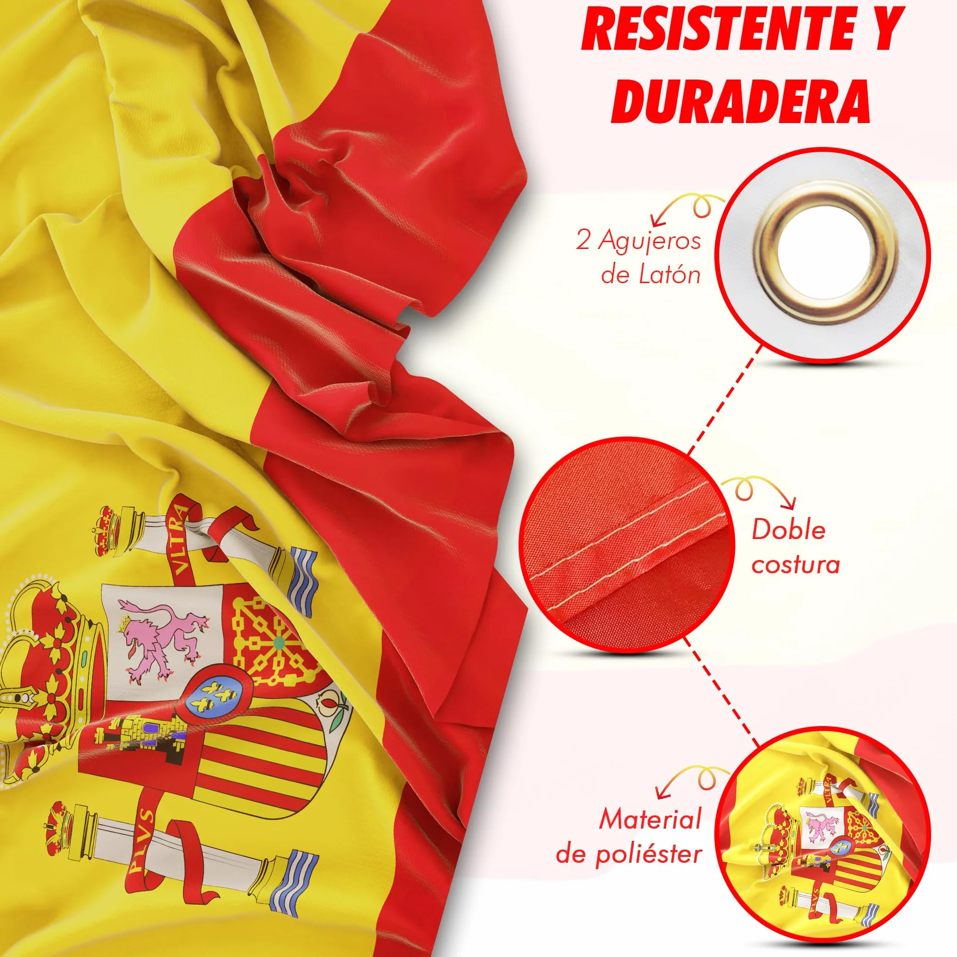 Bandera de España Grande 90x150 cm + Pulsera España | Auténtica Bandera Española para Exterior con 2 Ojales de Latón