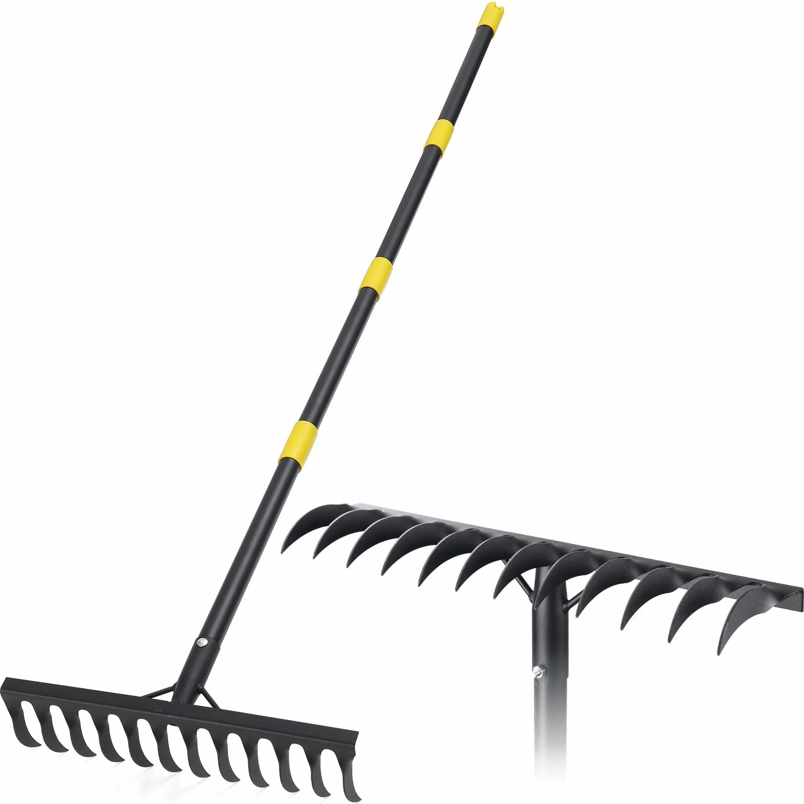 Rastrillo de jardín de metal 189 cm 12 dientes mango largo negro