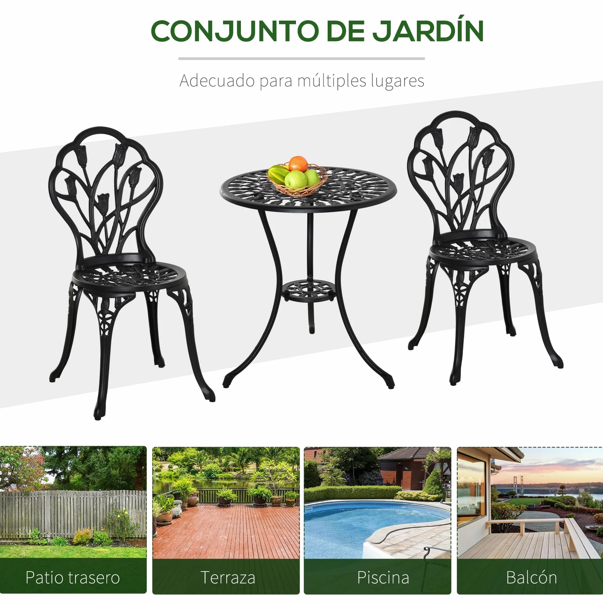 Outsunny Conjunto de Mesa y Sillas de Terraza Exterior de Aluminio de 3 Piezas Muebles de Jardín con Respaldo con Patrón de Tulipán y Mesa con Orificio para Sombrilla Negro