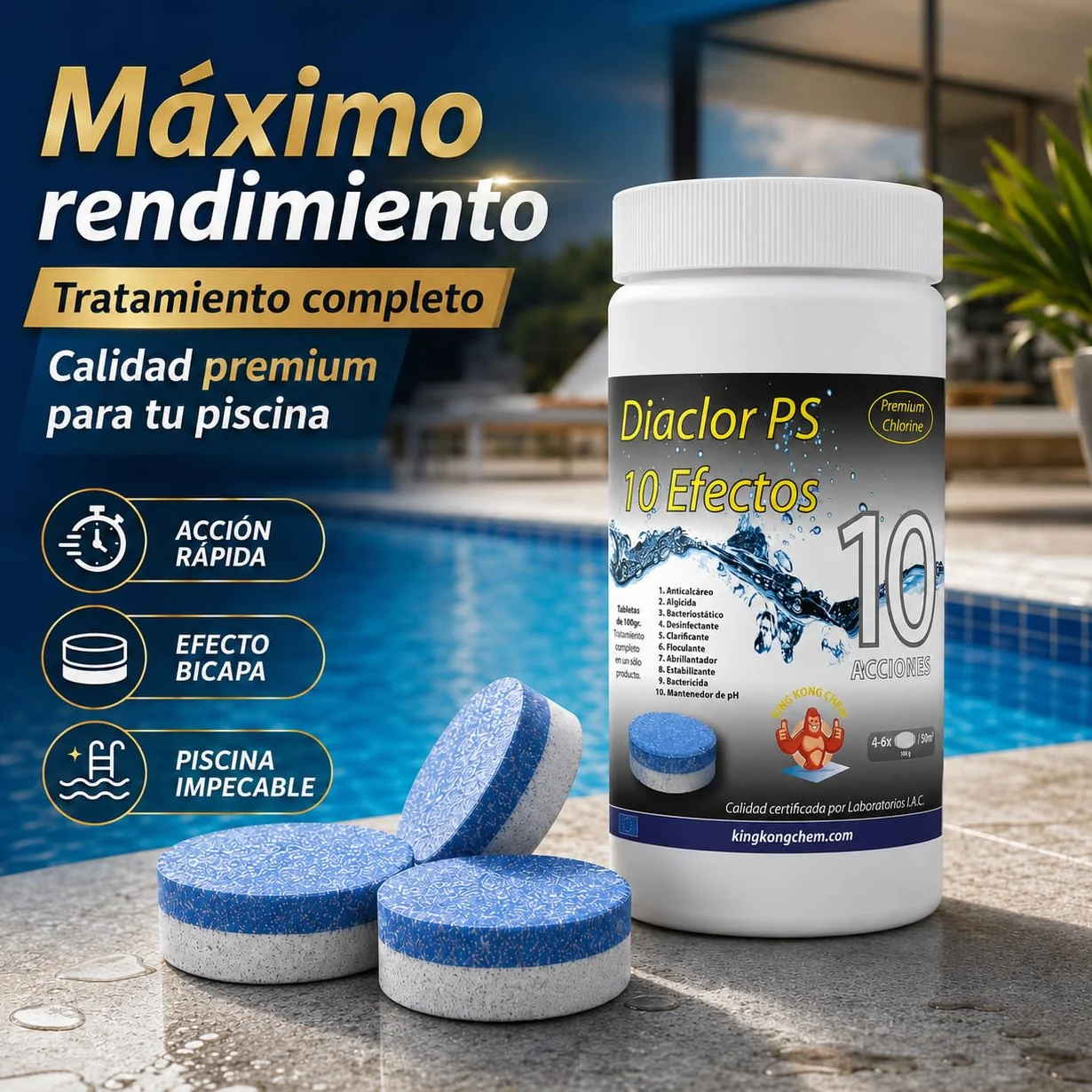Cloro Total para Piscinas DIACLOR PS 10 1 KG Pastillas de Cloro Multiacción 100 gr