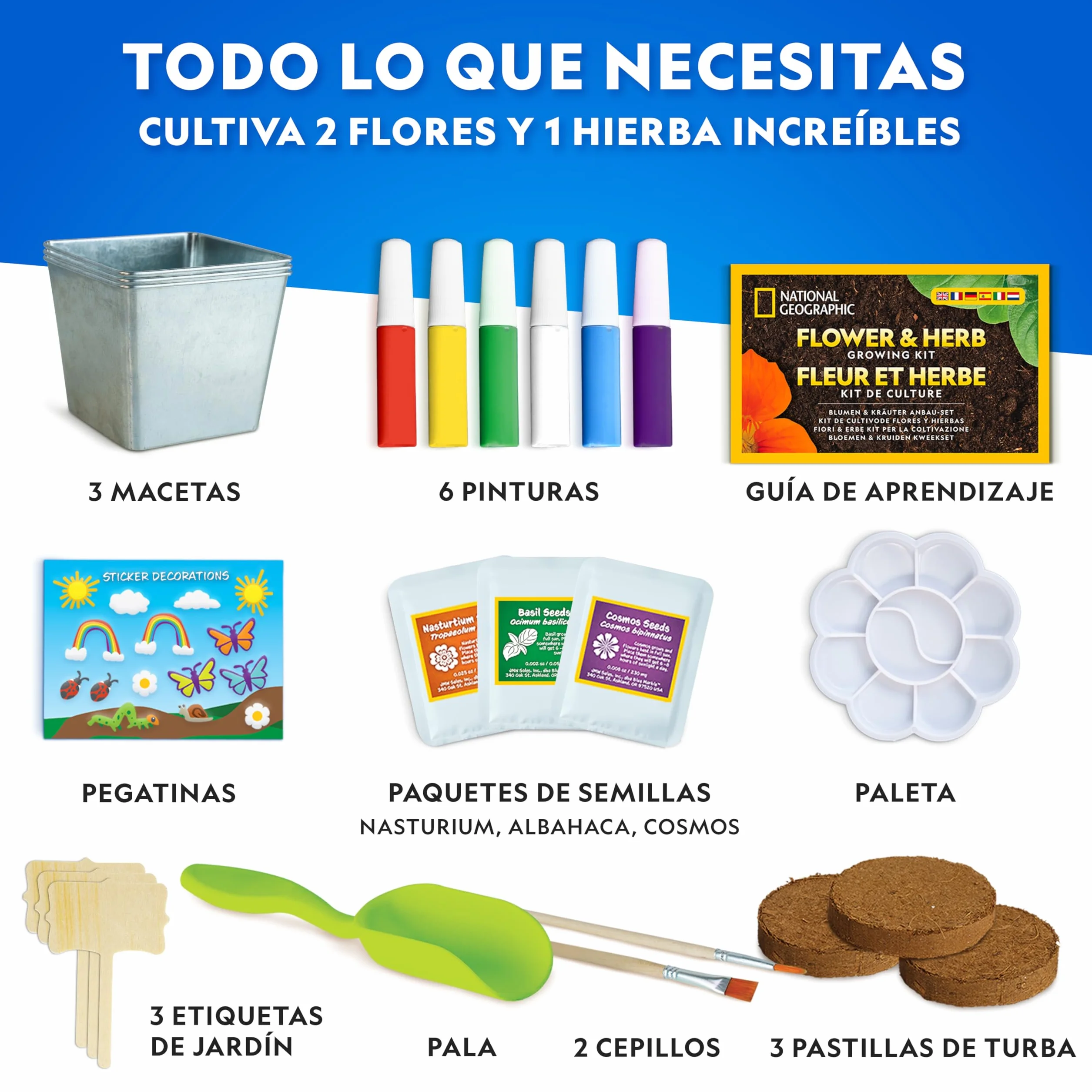 NATIONAL GEOGRAPHIC Kit de Jardinería para Niños con Macetas de Acero Inoxidable, Semillas, Pinturas y Pegatinas