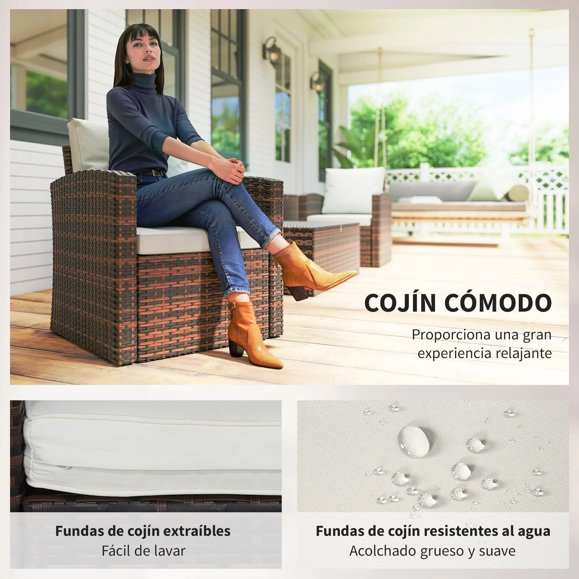 Outsunny Conjunto de Jardín Exterior de Ratán 6 Piezas con Cojines, Sofá Doble, 3 Plazas, 2 Sillones, 2 Mesas, Beige