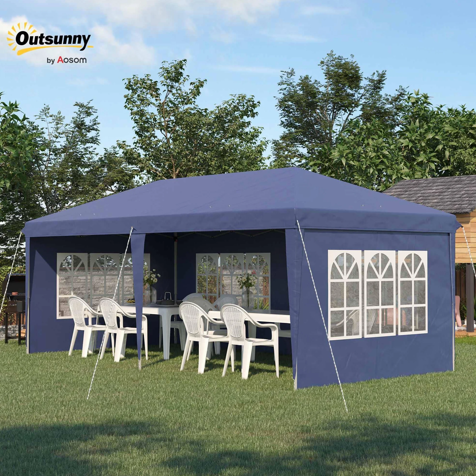 Outsunny Carpa Plegable 6x3 m, Pop-up, con 4 Laterales Desmontables, Cenador de Jardín con 4 Ventanas Visibles y Bolsa de Transporte, Impermeable, Anti-UV, Gazebo para Camping, Fiestas, Exterior Azul