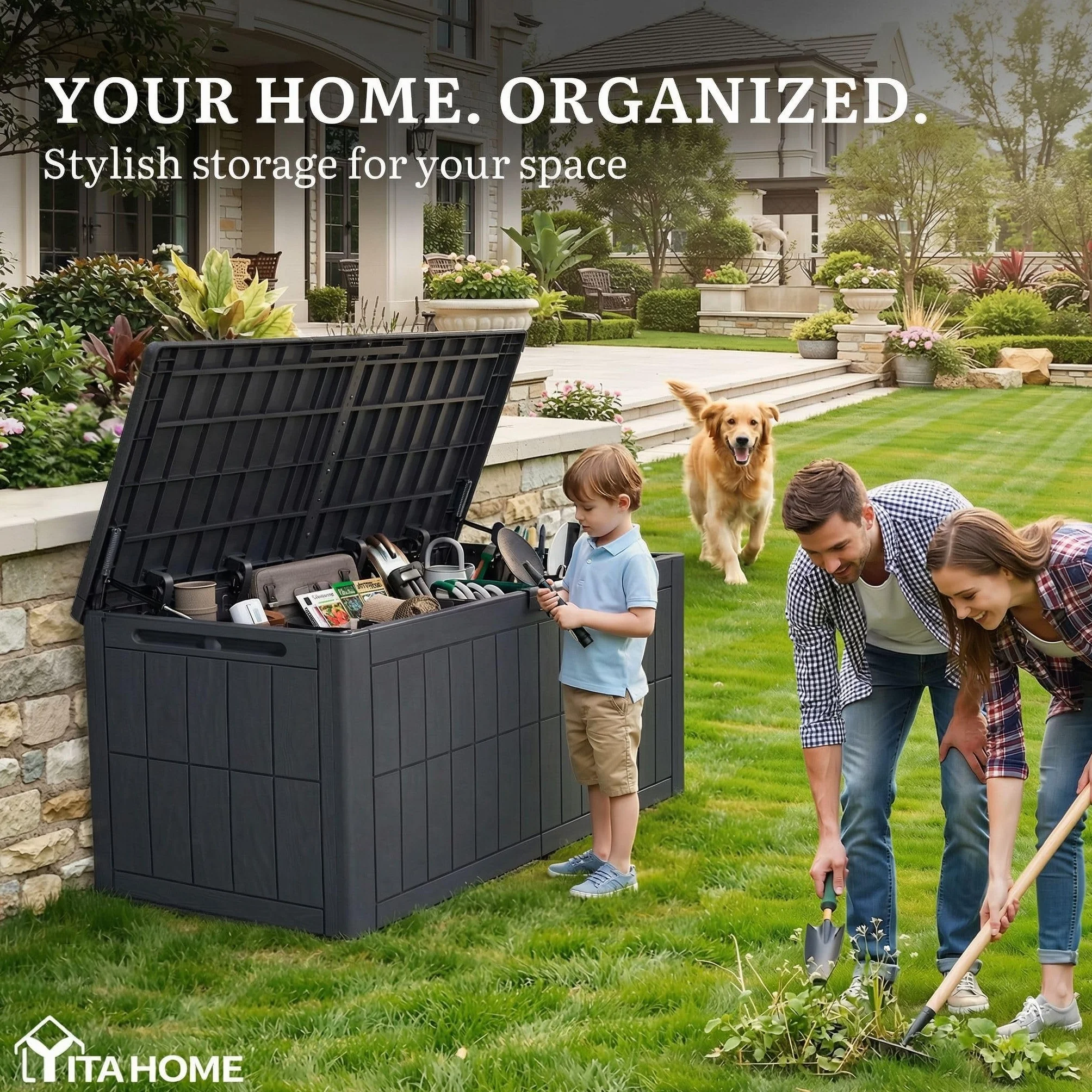 YITAHOME Caja de almacenamiento exterior 120 galones impermeable con cerradura banco mesa