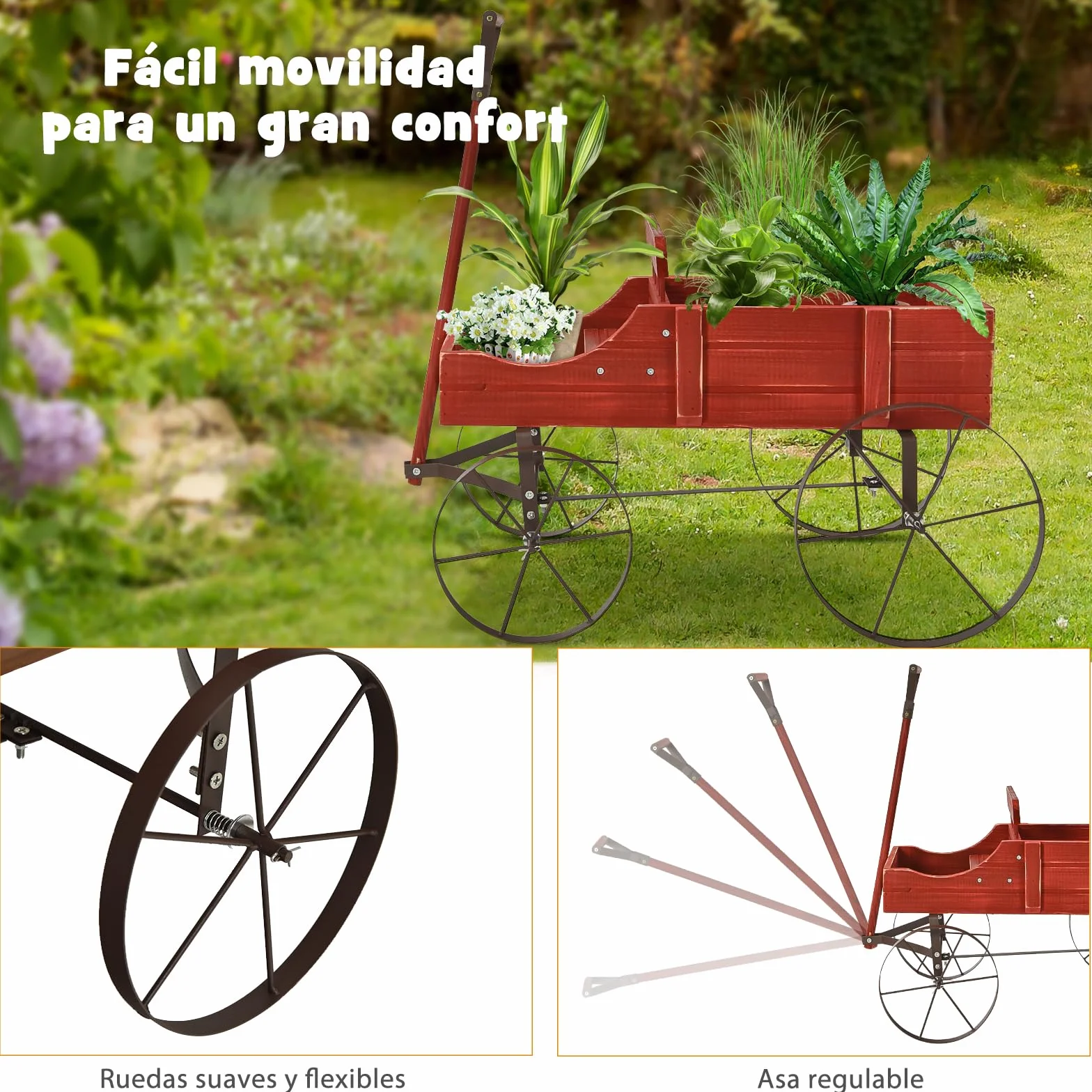 SOARS Soporte para flores, carrito de flores con 4 ruedas de metal, soporte para plantas de madera maciza, jardinera decorativa, carrito de madera, carrito para jardín y balcón (rojo)