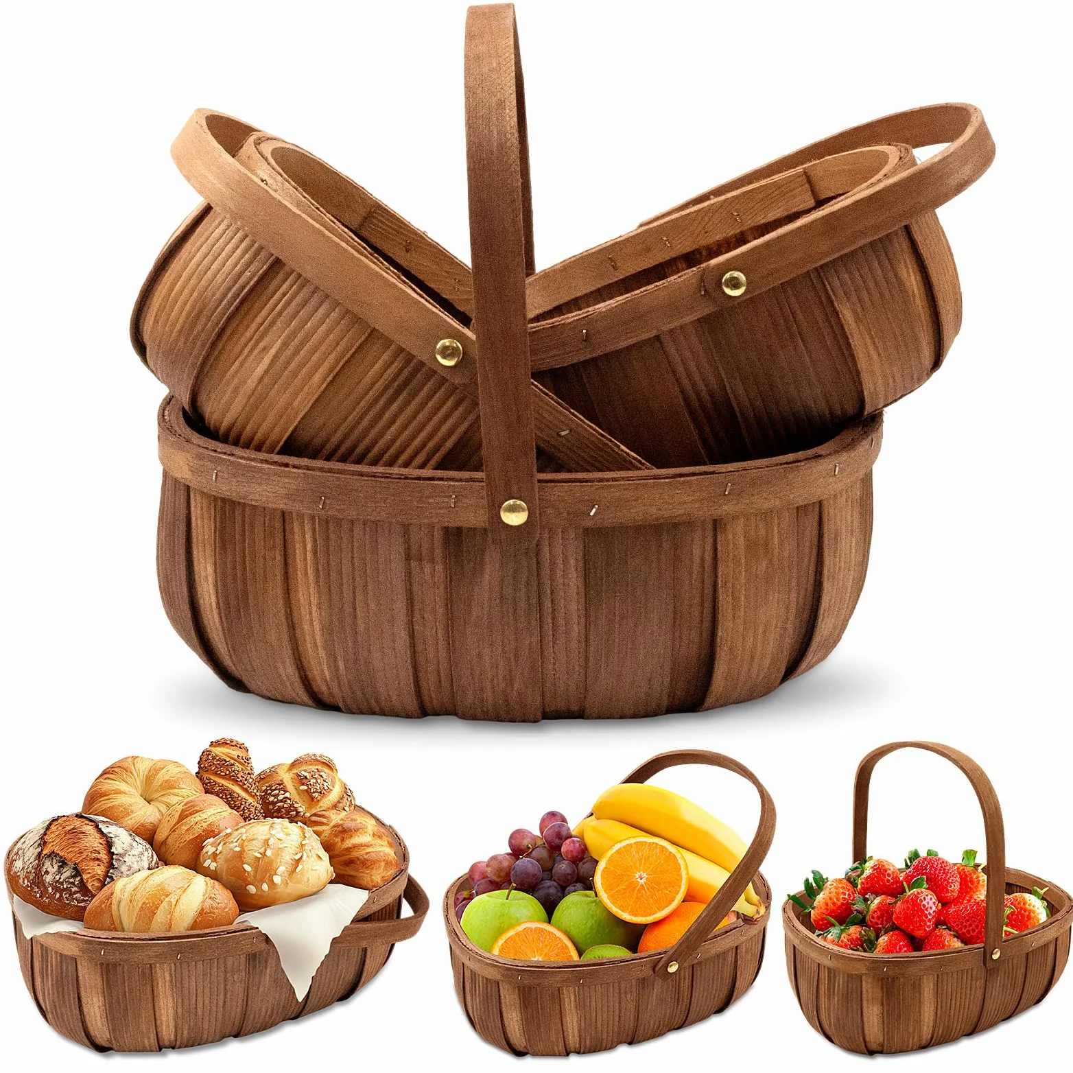 Paquete de 3 cestas de madera para pan, cesta de picnic tejida a mano con asas, organizador de almacenamiento para verduras, frutas, bodas, 3 tamaños