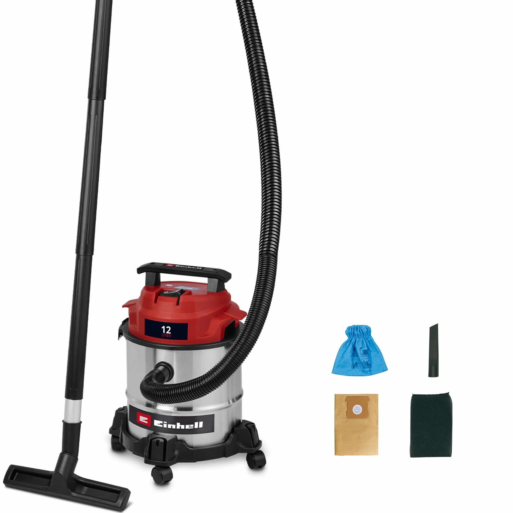 Einhell Aspirador en seco y húmedo TC-VC 1240 S | 950 W | 180 mbar | 4 ruedas giratorias | depósito 12 l | Incl. boquilla para juntas y boquilla combinada | Filtro de espuma