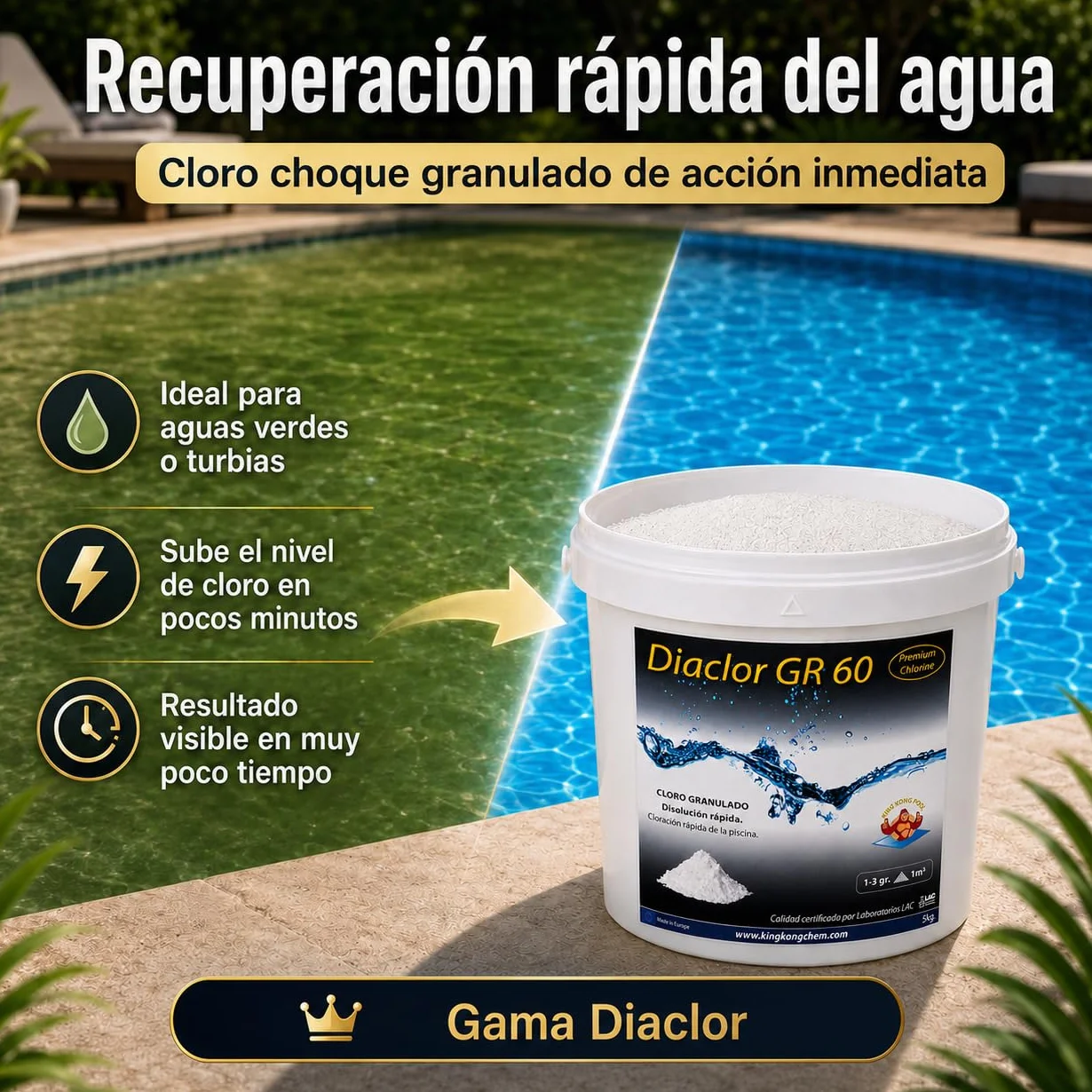 DIASA INDUSTRIAL Cloro Choque Disolución Rápida para Piscinas DIACLOR GR 60 5 KG Dicloro Granulado Puro