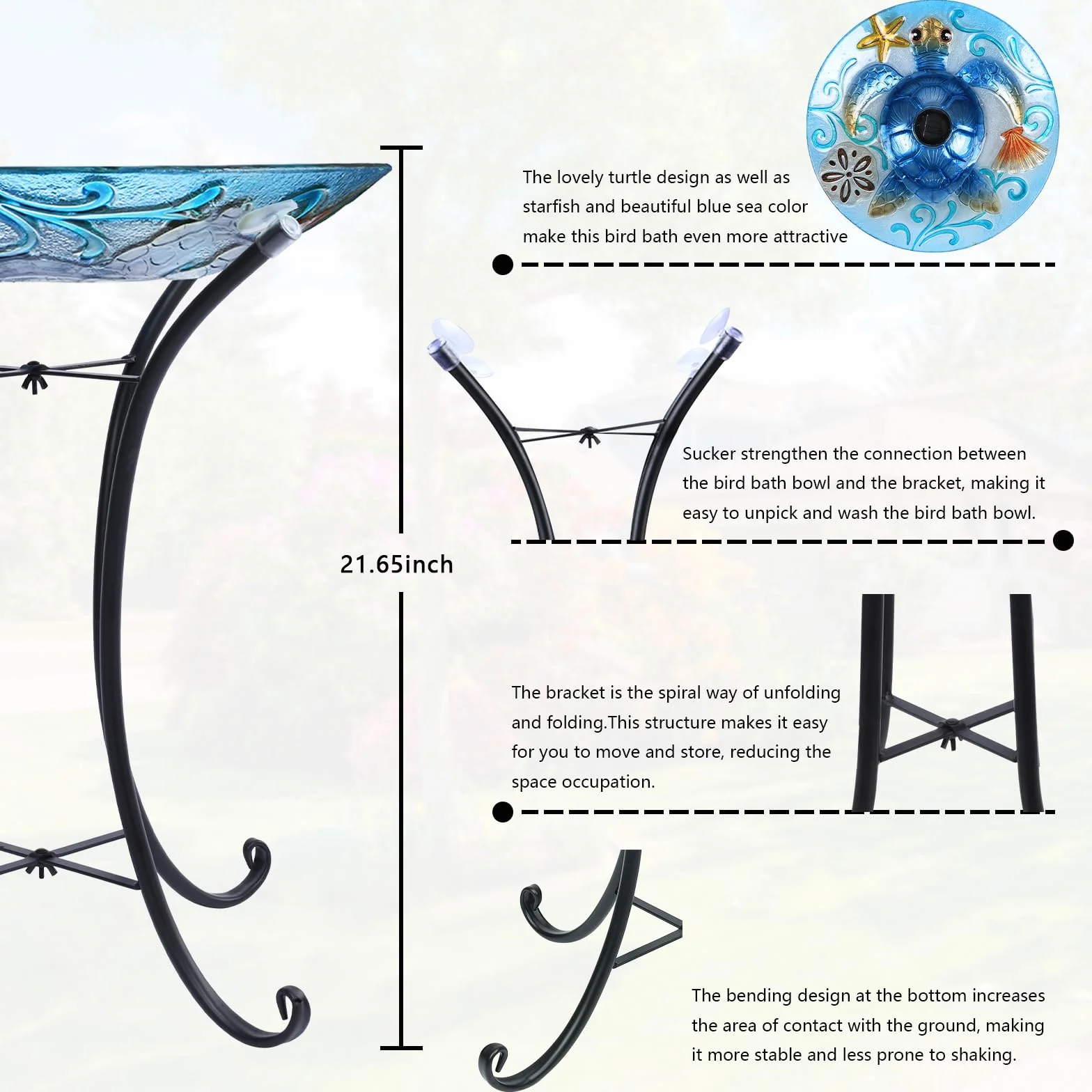 MUMTOP Glass Bird Bath, Bird Baths for Outdoors, Solar Birdfeeder with Metal Stand for Garden, Yard, Lawn Decor Sea Turtle Pattern(Blue, 21.5"X18")