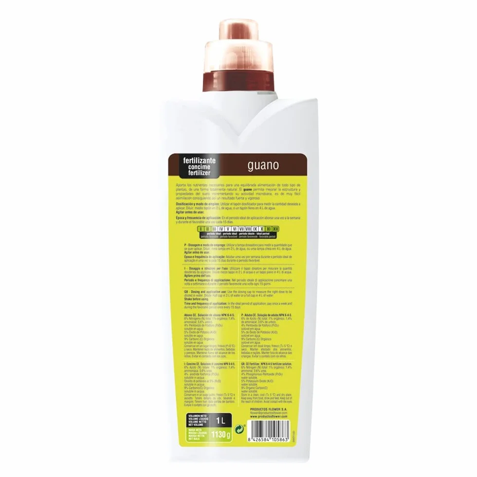 Fertilizante Líquido Guano 1L NPK 6-4-5 Abono Orgánico Natural para Plantas Interior y Exterior