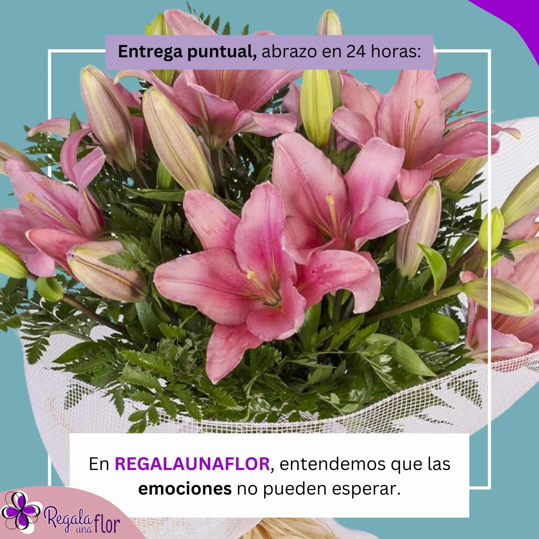 Ramo de flores naturales a domicilio Lilium rosa con tarjeta de dedicatoria