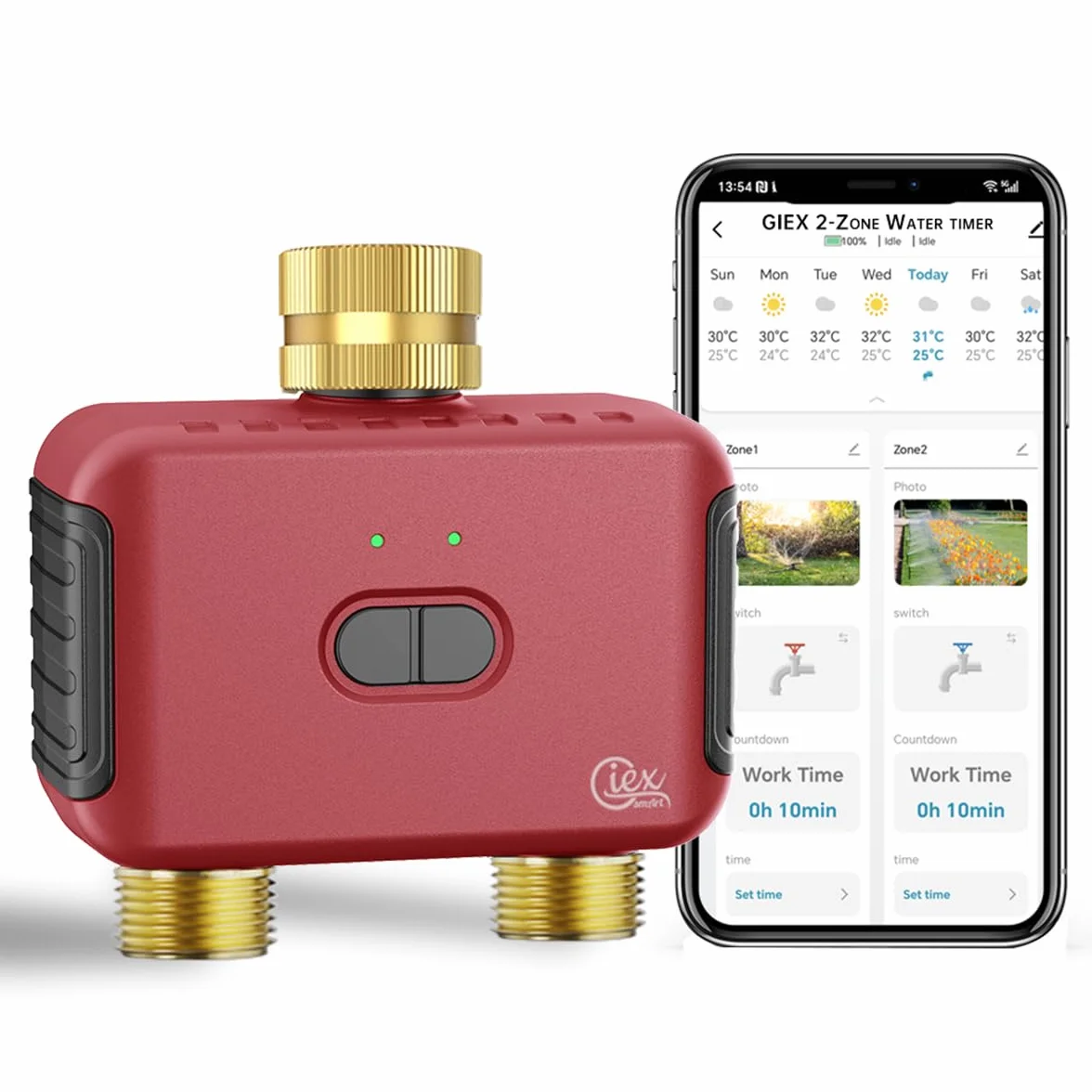 GIEX Temporizador de riego ZIGBEE 2 Zonas, Controlador Inteligente para mangueras de jardín, Compatible con Tuya, Smart Life, ZHA y Z2M