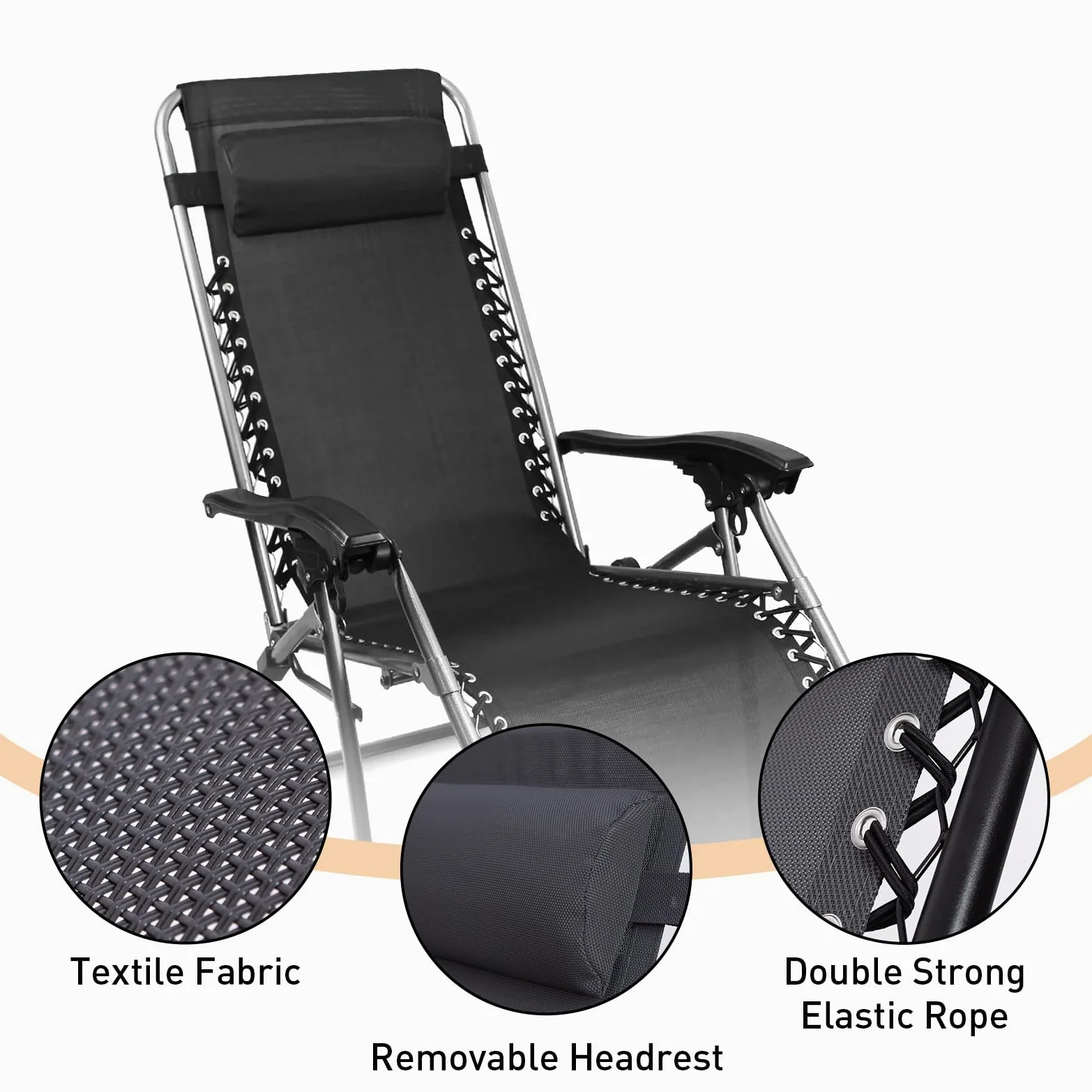 Todeco Tumbona Plegable Jardín, 2 en 1 Silla Gravedad Cero Reclinable | Cojín Extraíble, Portavasos Respaldo Ajustable, para Patio, Camping, Terraza y Piscina, Negro