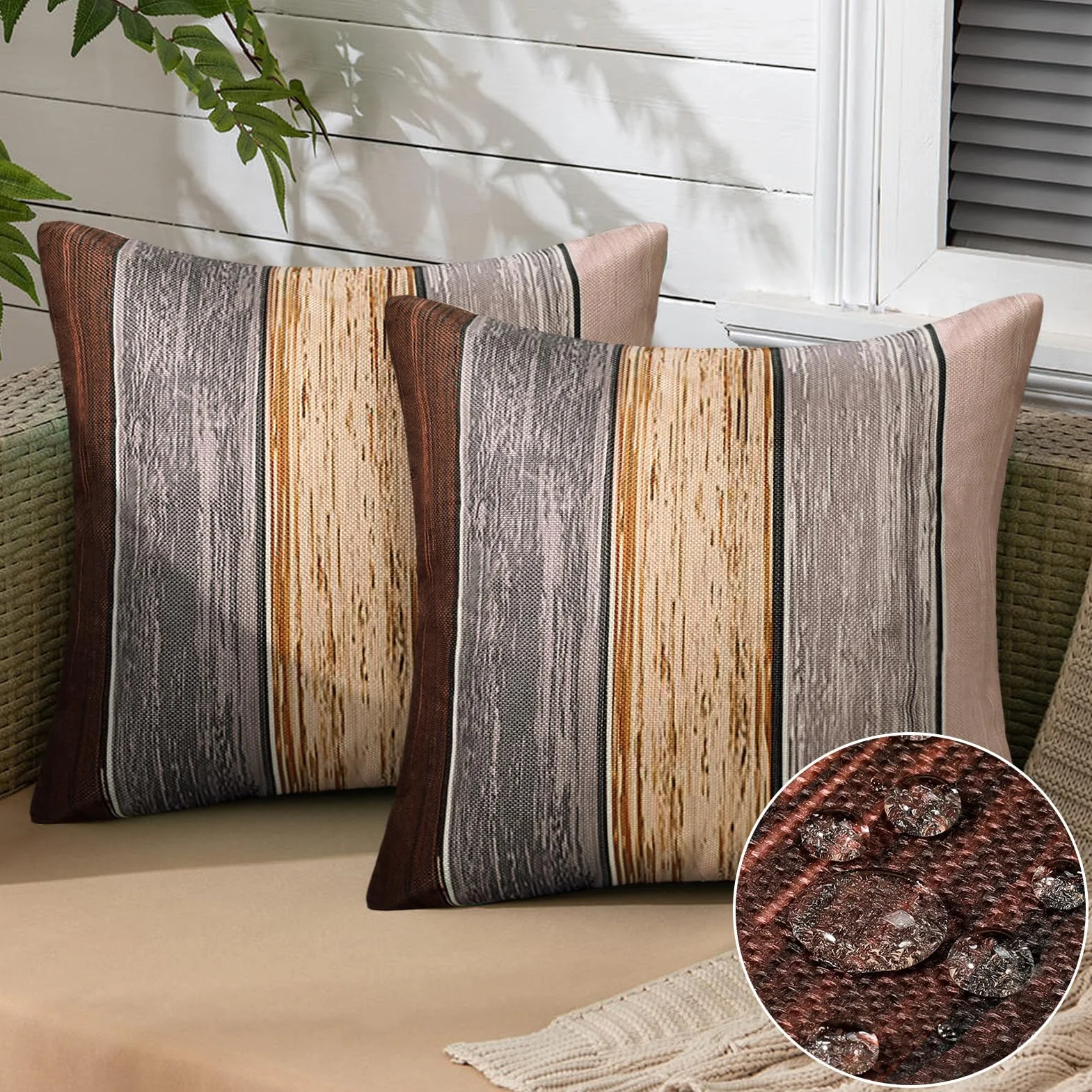Fundas de Almohada 45x45 Exterior Impermeable Poliéster Marrón Gris Textura Madera Juego de 2