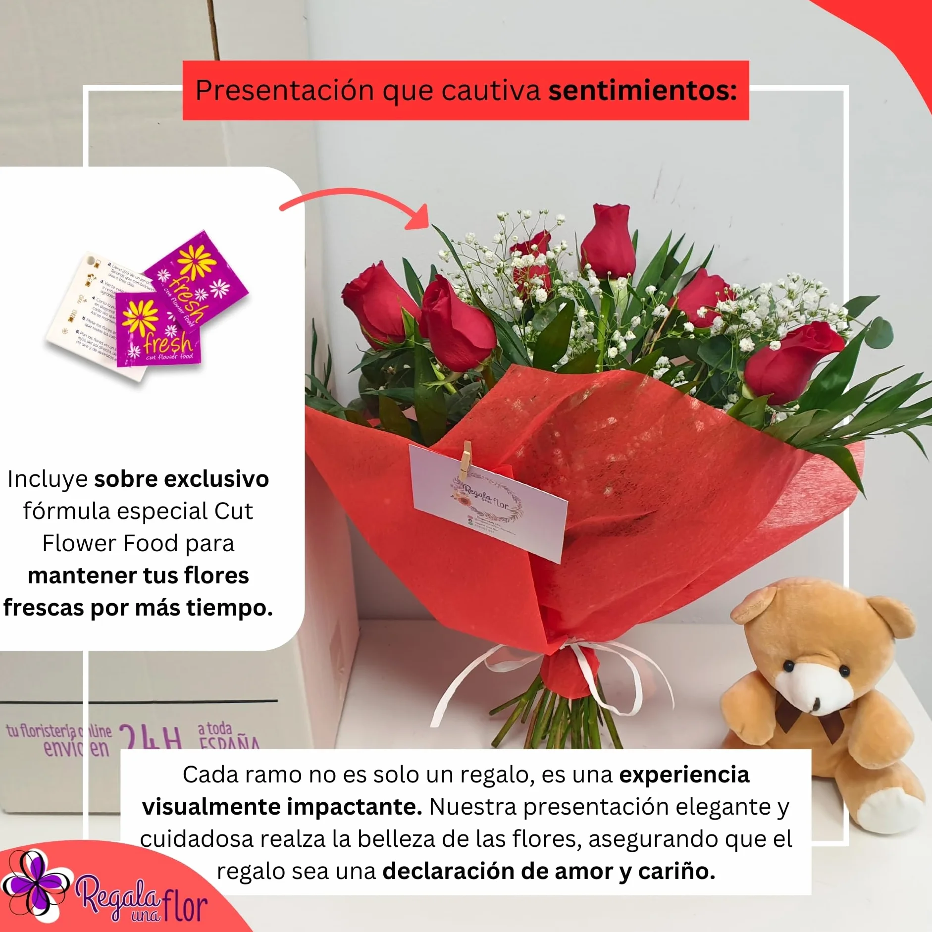 Ramo de 6 rosas naturales a domicilio con osito y tarjeta de dedicatoria