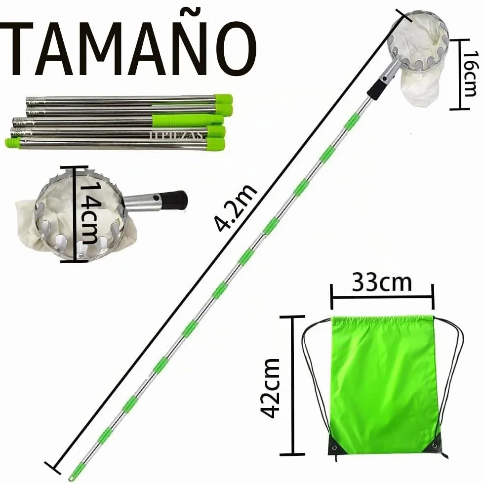 TUIBEIDAMAI Recogedor de frutas mango telescópico 4,25M acero inoxidable cerezas manzanas 16 cm