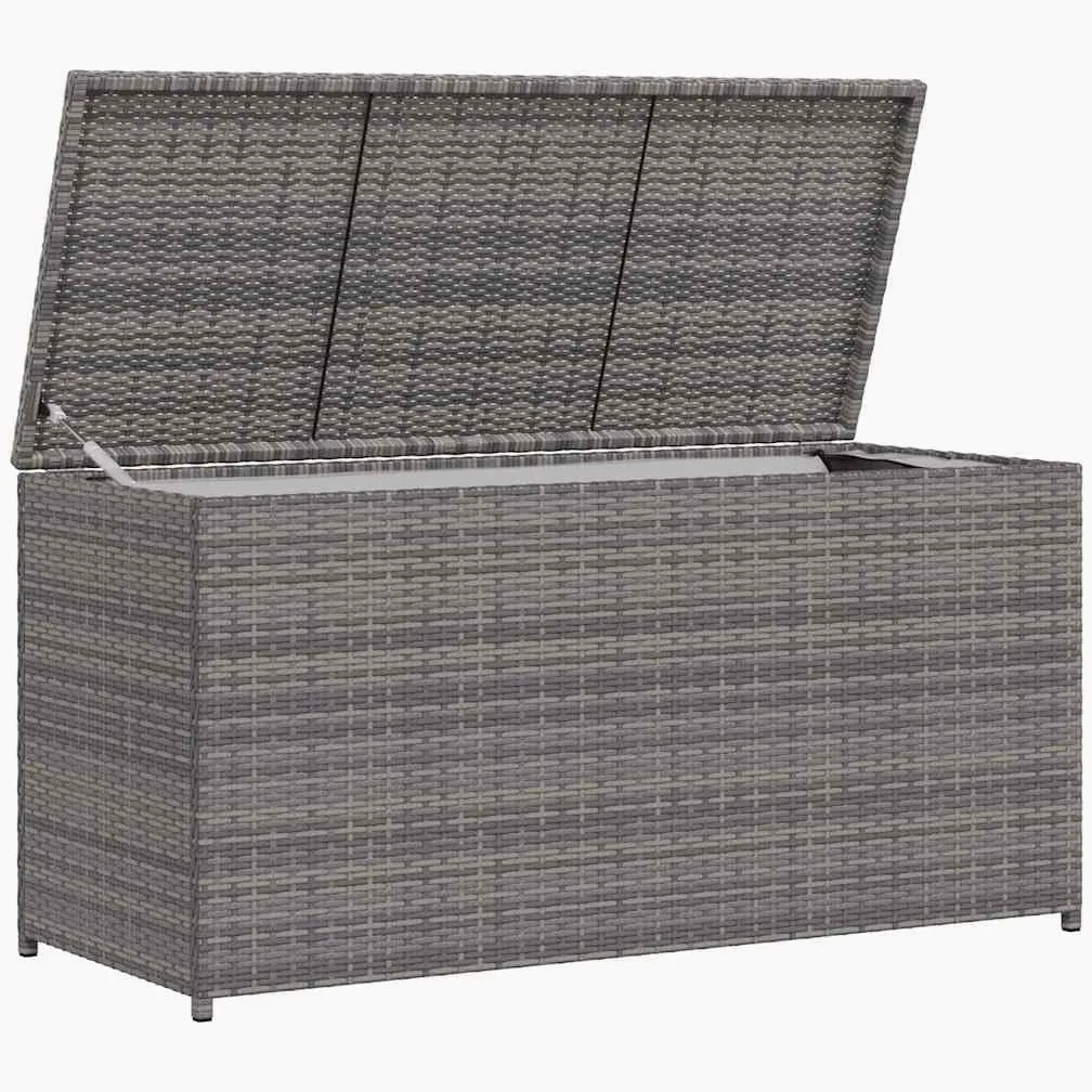 Caja para cojines de jardín gris 120 x 50 x 60 cm, de polirratán con bolsillo interior para cojines, cojines, mantas, cojines de asiento, juguetes y libros, resistente a la intemperie,