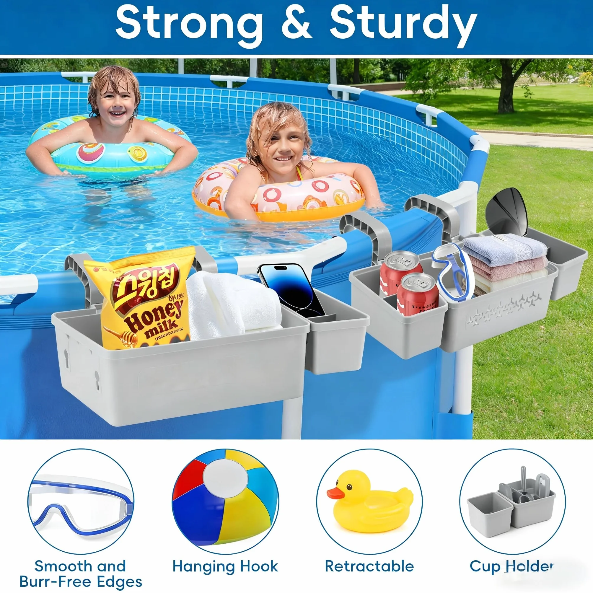 Juego de cesta de almacenamiento para piscina con soporte para bebidas y ganchos