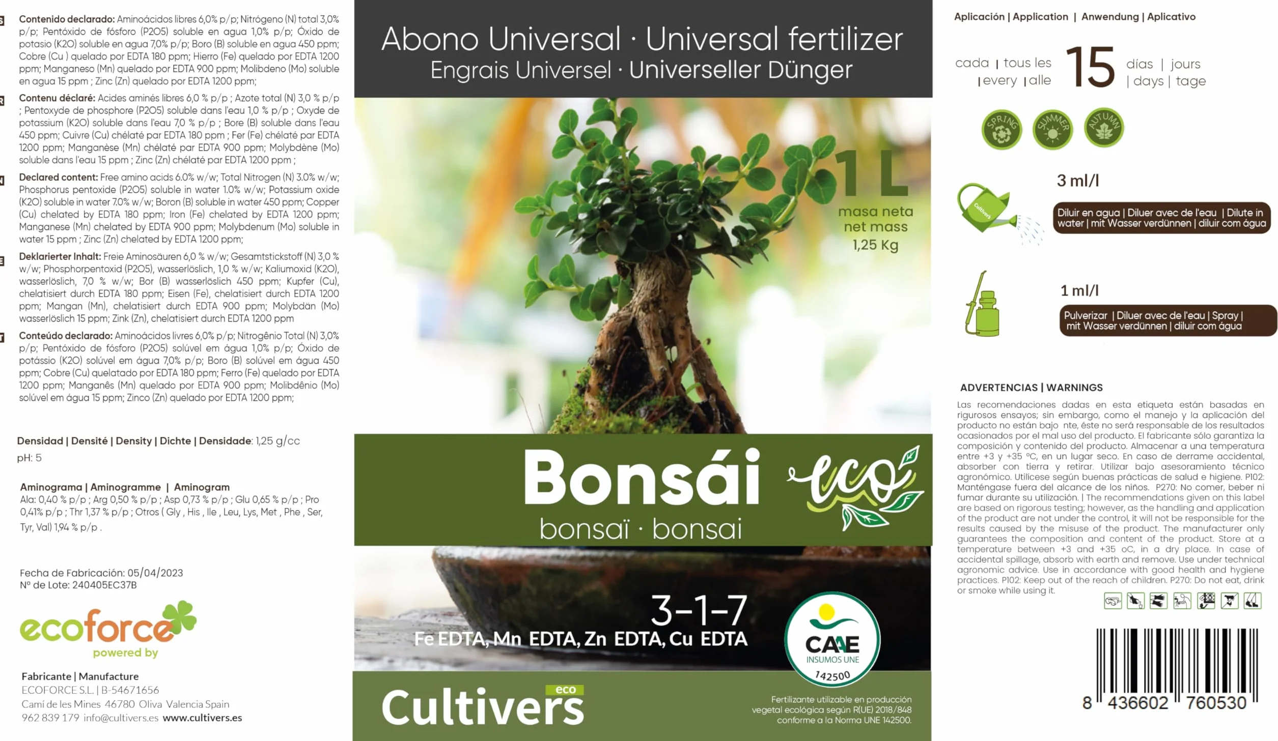 CULTIVERS Fertilizante Bonsái Ecológico Líquido 1 L con Micronutrientes y Aminoácidos