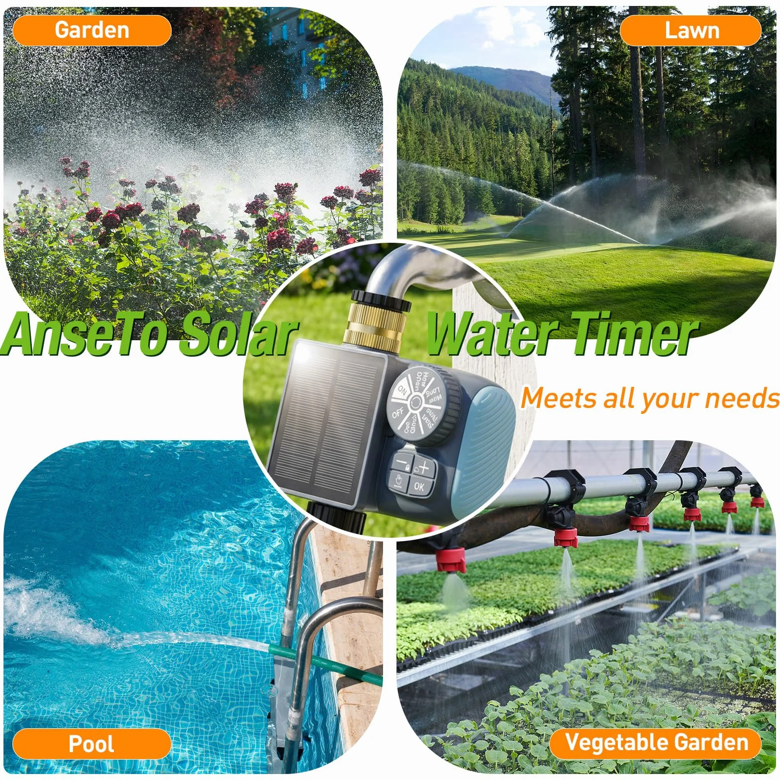 Temporizador de Riego Automático LCD con Carga Solar y Tipo C para Jardín