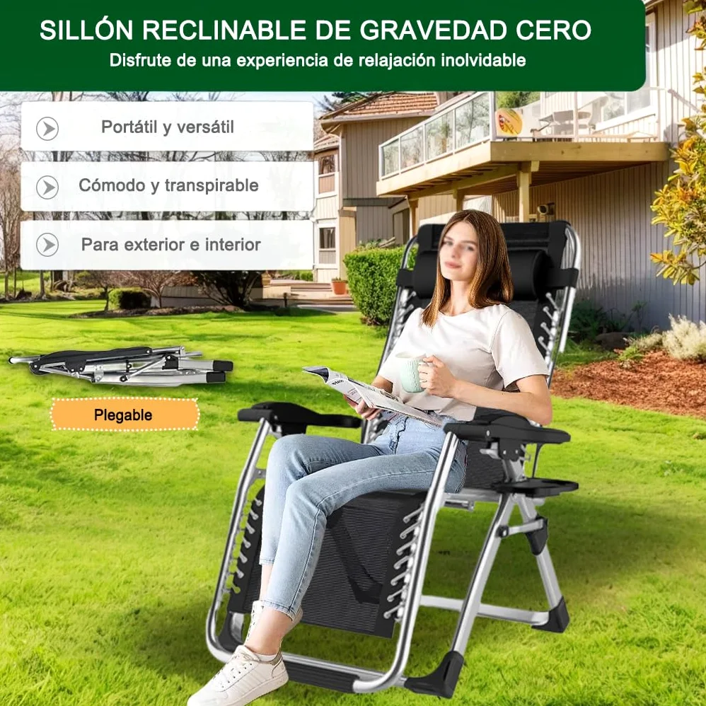 Sillas Gravedad Cero,Tumbona para Terraza Sillón De Jardín,con Reposacabeza Extraíble para Patio, Playa, Piscina,Soporte 440 Lbs. (con cojín Negro, Set de 1)