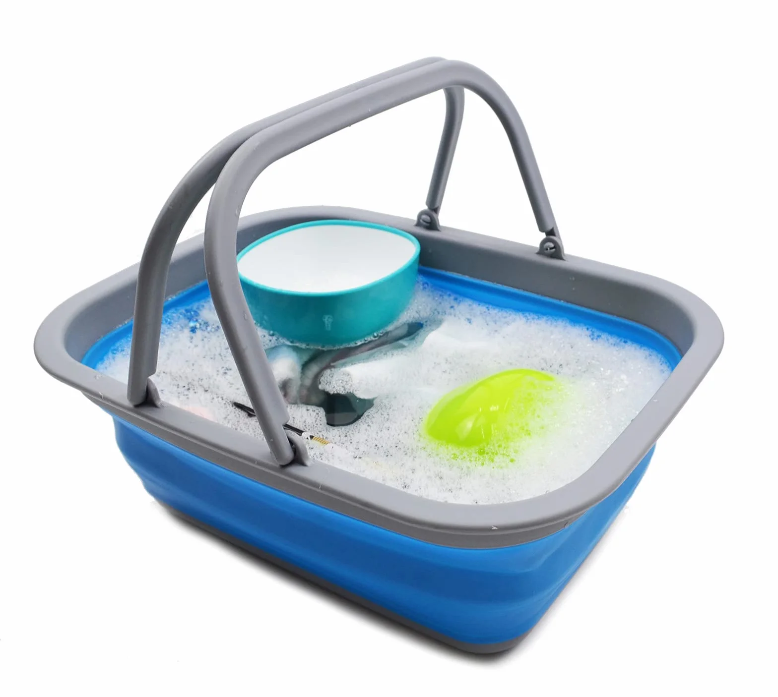 SAMMART Bañera plegable de 9.2 L con asa, cesta portátil de picnic al aire libre, bolsa de compras plegable, contenedor de almacenamiento para ahorrar espacio (negro y azul, 2)