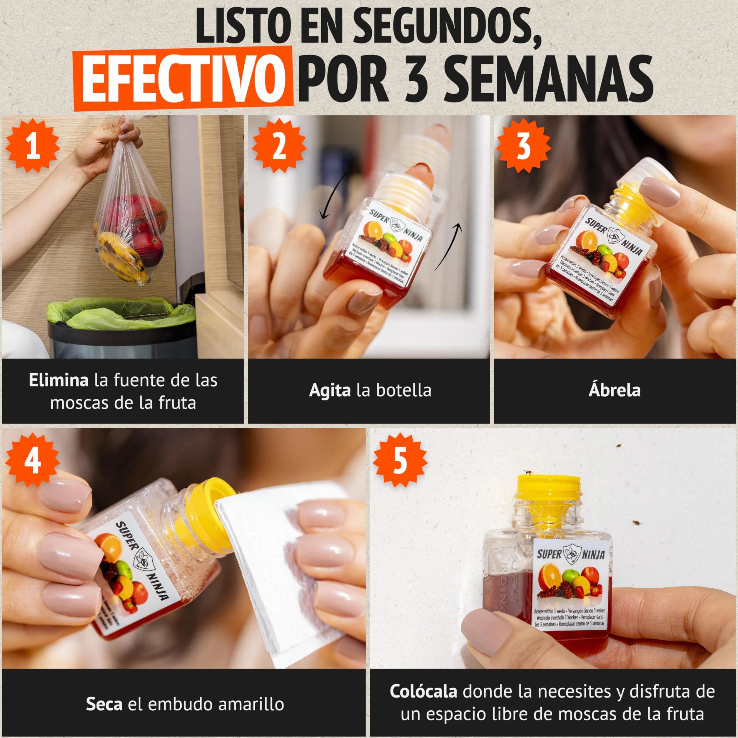 Trampas para Moscas de la Fruta Pack 2, Trampa para Moscas Interior Hogar Cocina, Cebo Líquido Eficaz 3 Semanas