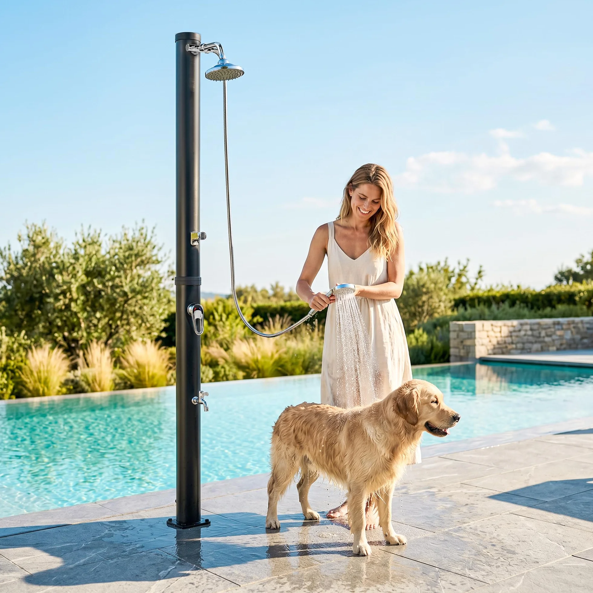 Outsunny Ducha Solar de Jardín 20L Exterior con Cabezal Rociador Agua Fría y Caliente 60°C Protección Congelamiento 42x11x215 cm Negro
