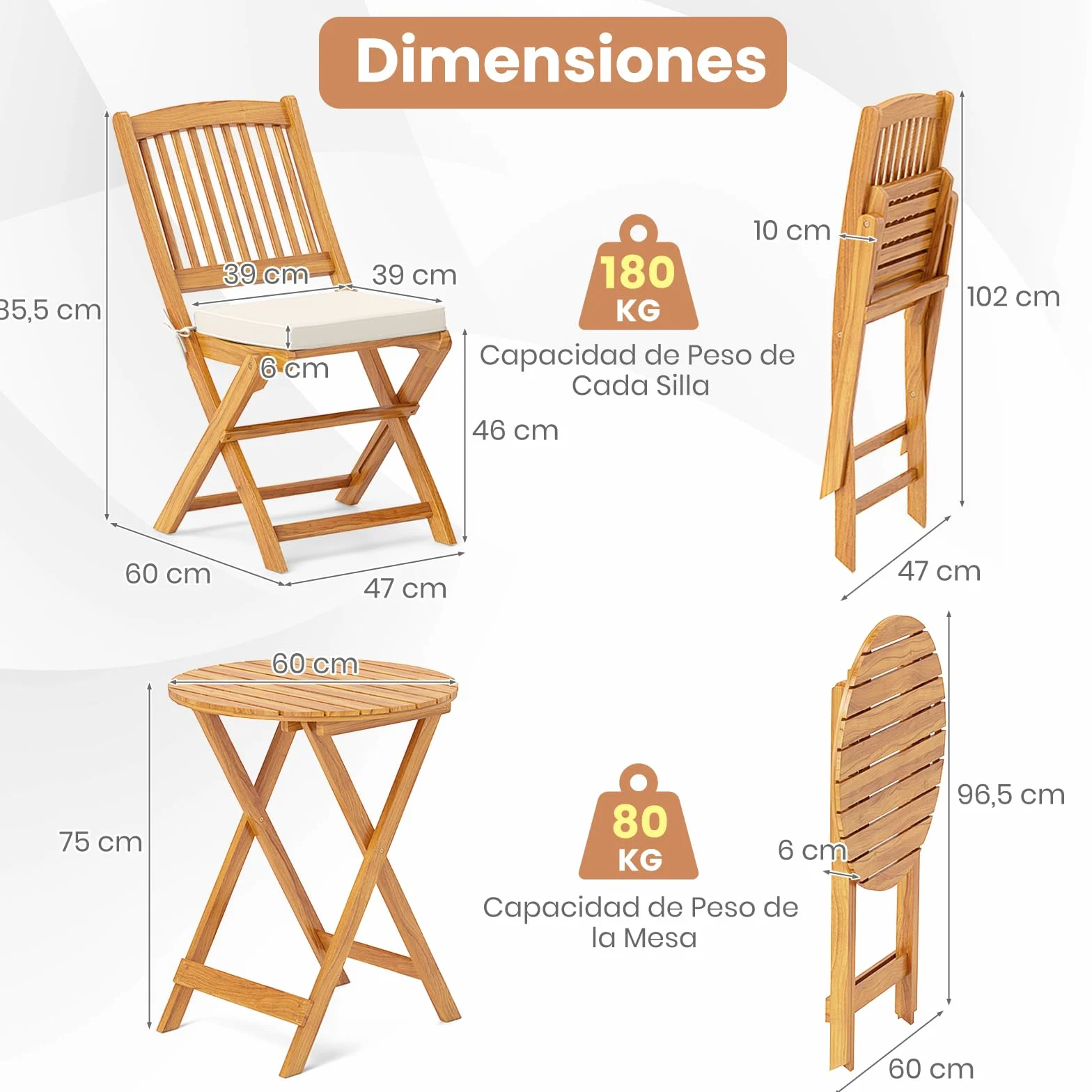 GIANTEX Set de Bistró Plegable 3 Piezas, Mesa y Sillas Terraza Madera Acacia con Cojines Removibles, Muebles Exterior Beige