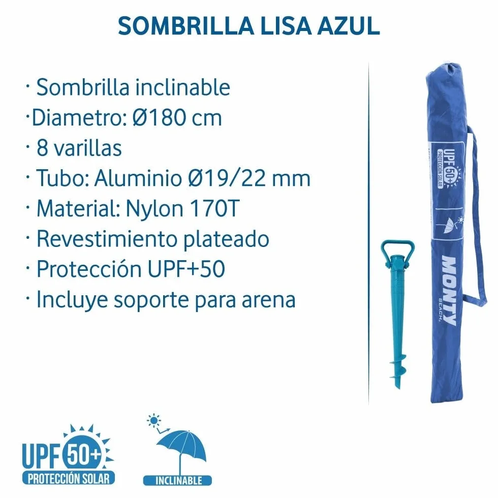 LOLAhome Sombrilla de playa UPF+50 Ø 180 cm acero nylon azul