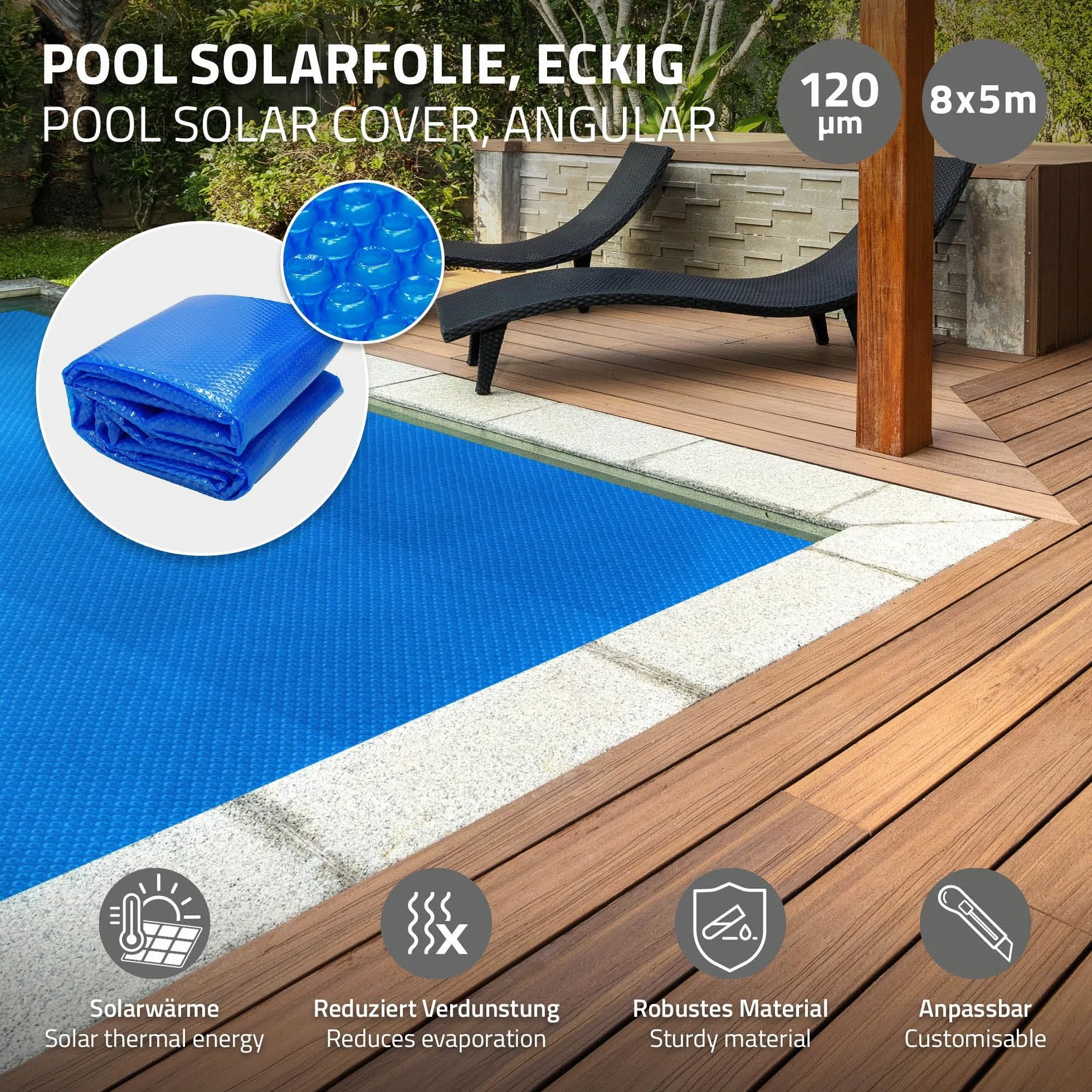 ECD Germany Cubierta Solar para Piscina Rectangular 800 x 500 cm, Azul, Lona Térmica de Burbujas 120 µm
