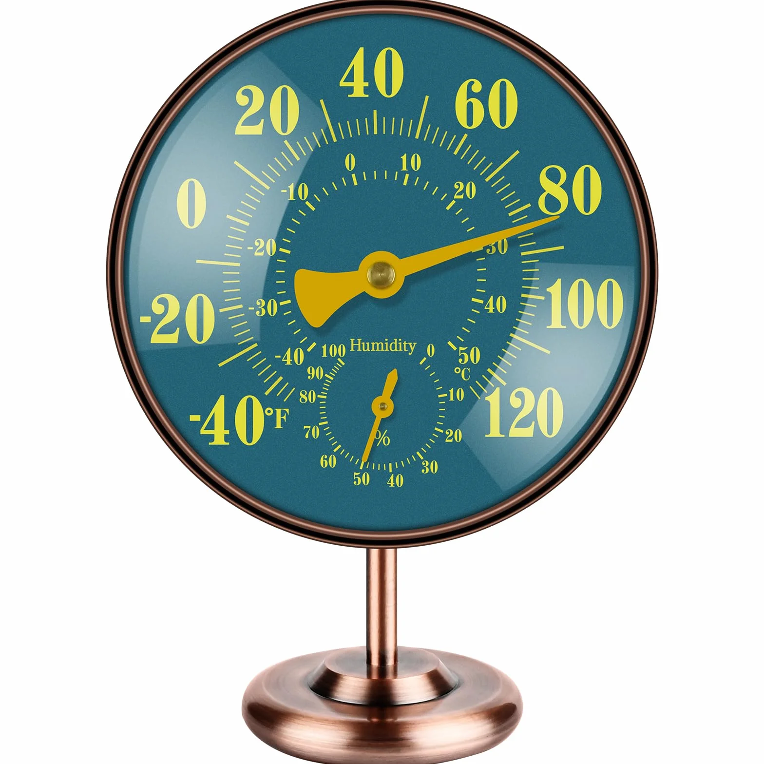 Termómetro para exteriores de 4 pulgadas y medidor de humedad, termómetro analógico de latón con esfera grande azul y verde, Fahrenheit/Celsius, impermeable para patio, jardín, pared interior o
