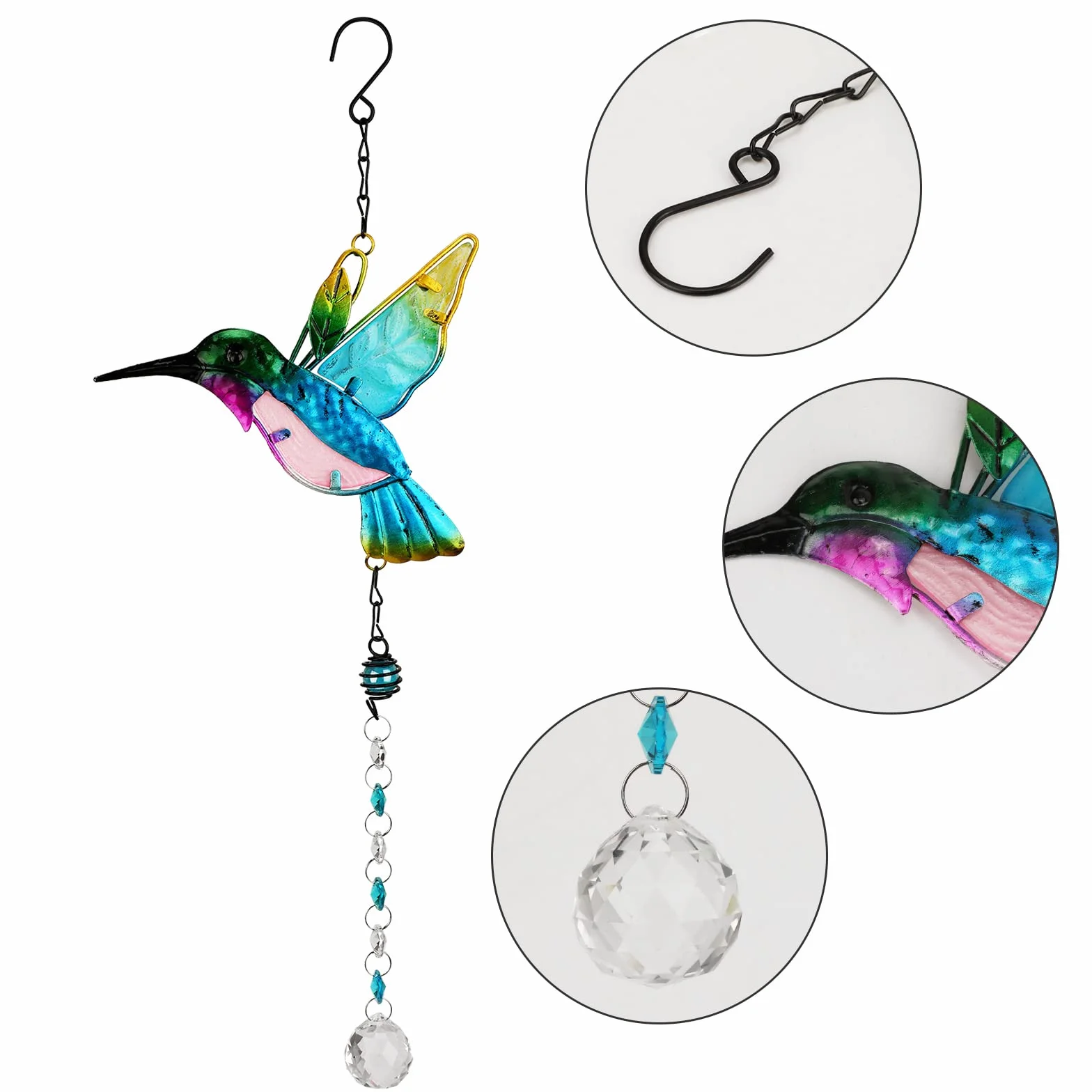 MWOOT Cristal Atrapasoles Colibrí Ferro Suncatcher Decoración Arcoíris Prisma Colgante