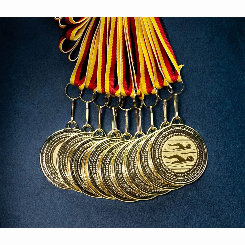 Medallas de natación para niños doradas 10 unidades con banda alemana y emblema