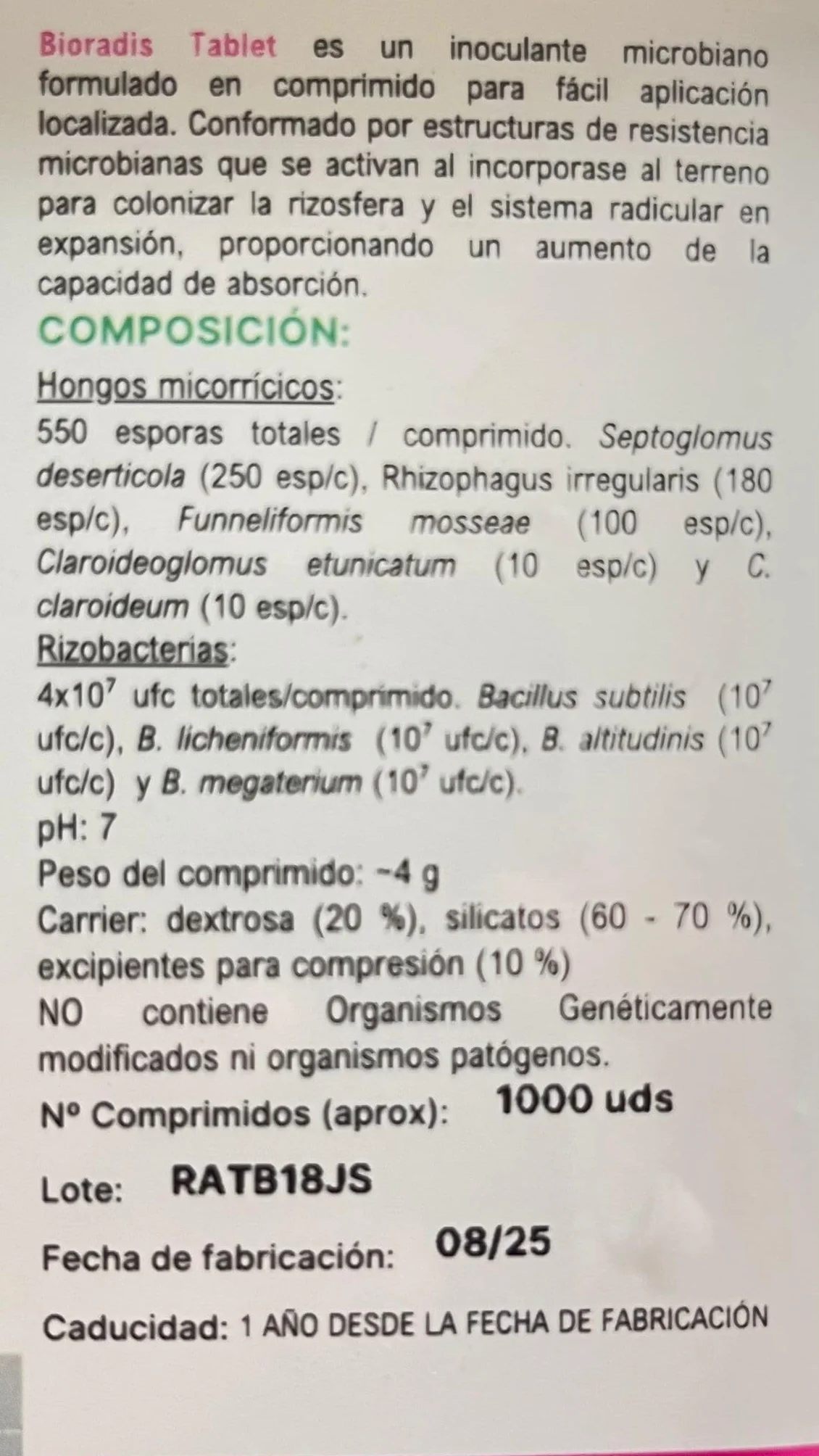 Bioradis Micorrizas en pastillas y bacterias enraizantes 250 uds 1kg