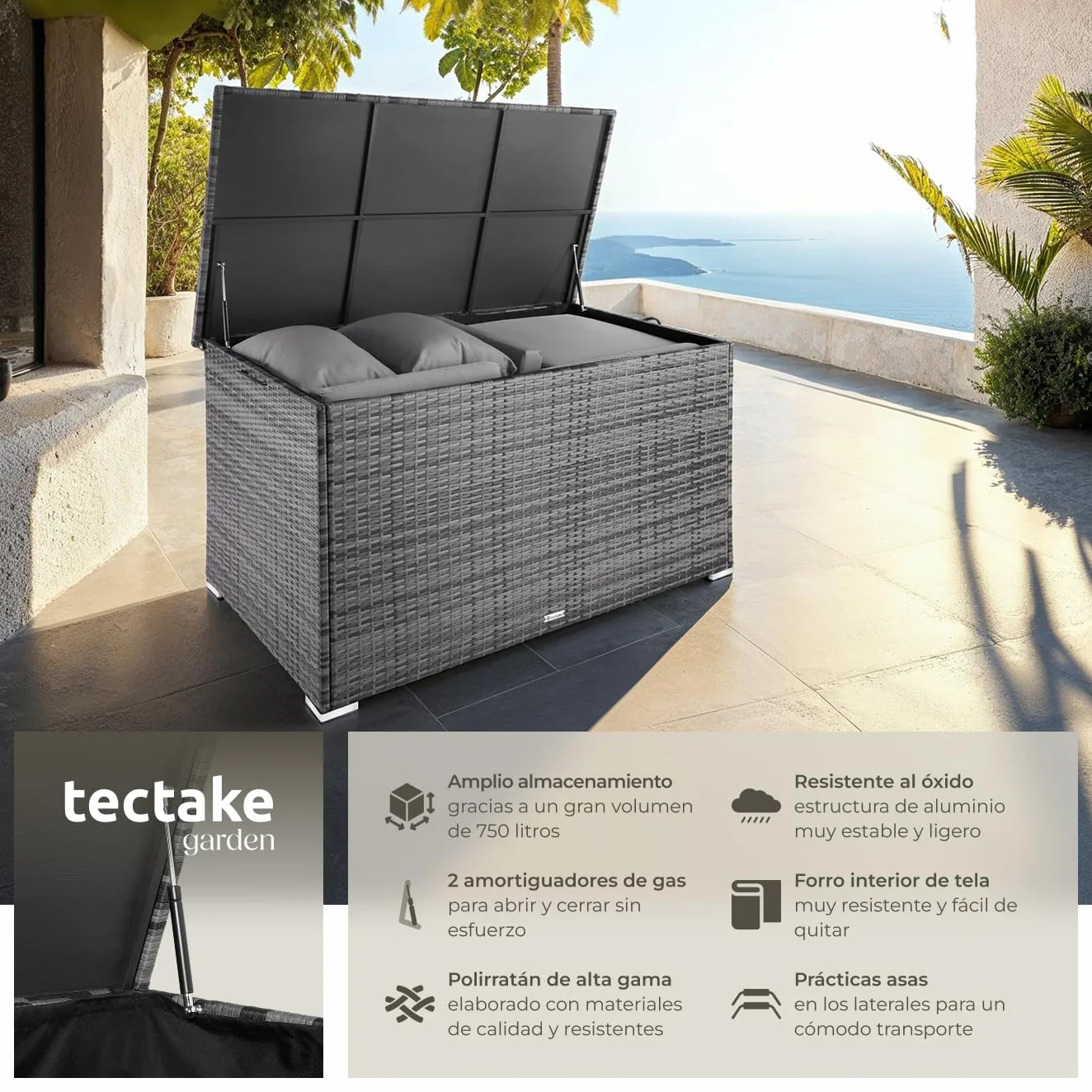 Tectake Baúl de Almacenaje Exterior 750 l, Arcón de Poli Ratán Resistente, Cofre para Jardín Terraza - Gris