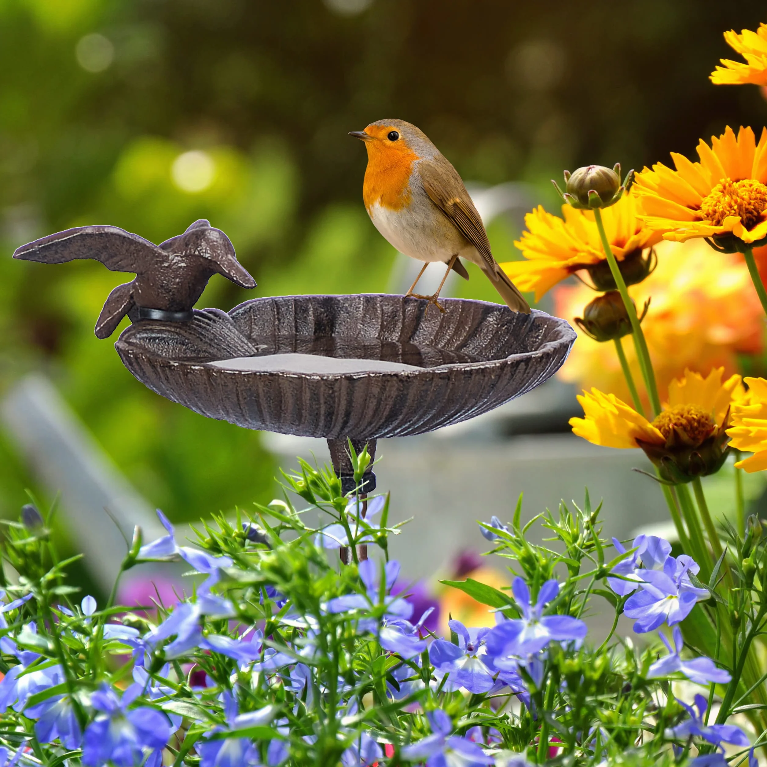 Relaxdays Bebedero Pájaros Hierro Fundido, Fuente Aves Estaca, 100 cm, Marrón